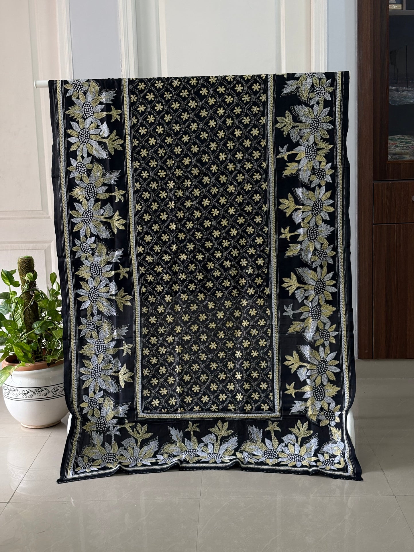 Kantha Stitch Hand Embroidary Full Work Pure Banglore Silk Dupatta - Black