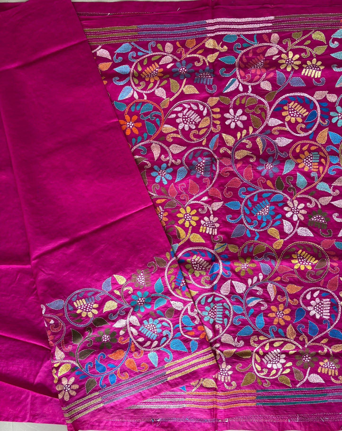 Kantha Stitch Hand Embroidered Pure Banglore Silk Batik Saree (Silk Marked)