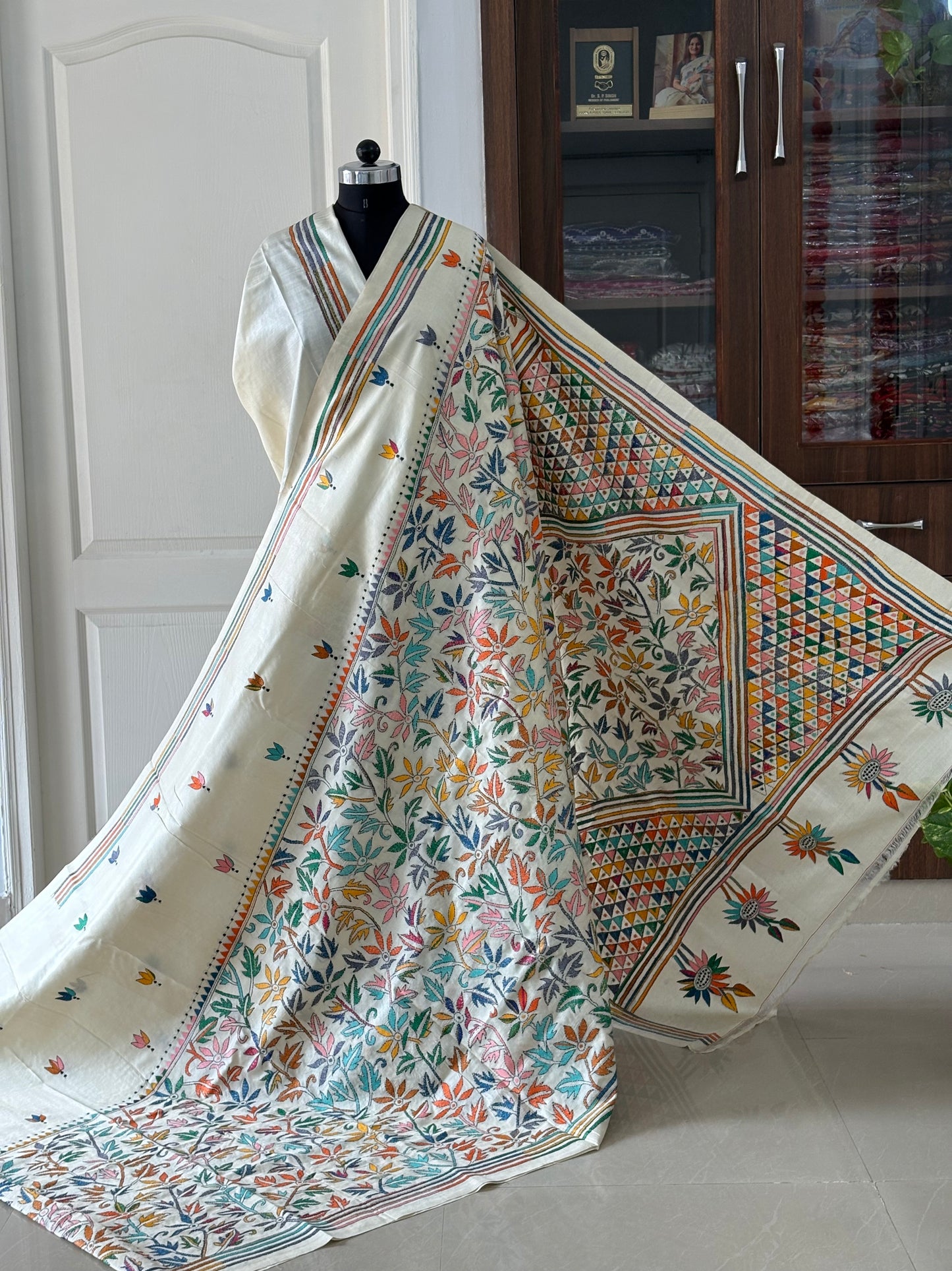 Off White Kantha Hand Embroidered Pure Tassar Silk Saree