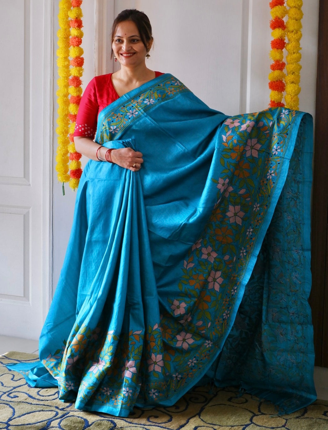 Kantha Hand Embroidered Saree With Blouse | Pure Gachi by Gachi Tussar Silk | Silk Mark Certified | Blue