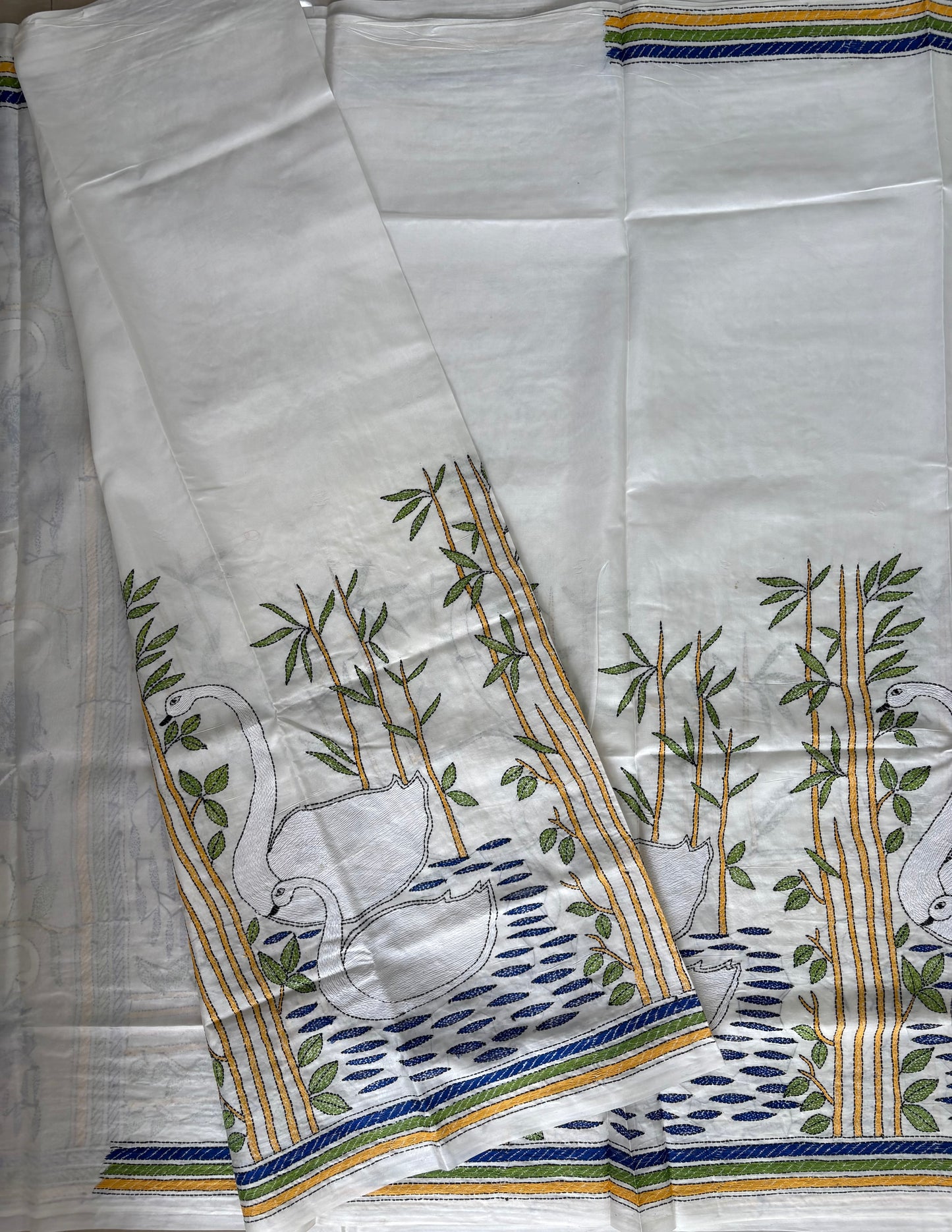 Off white Kantha stitch Saree in blended Bangalore Silk / Art Silk