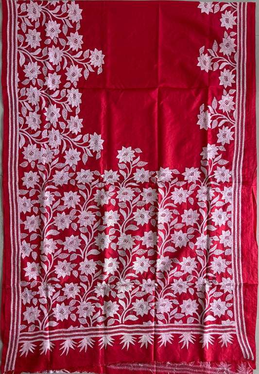 Kantha Stitch Hand Embroidered Pure Banglore Silk Saree (Silk Marked)