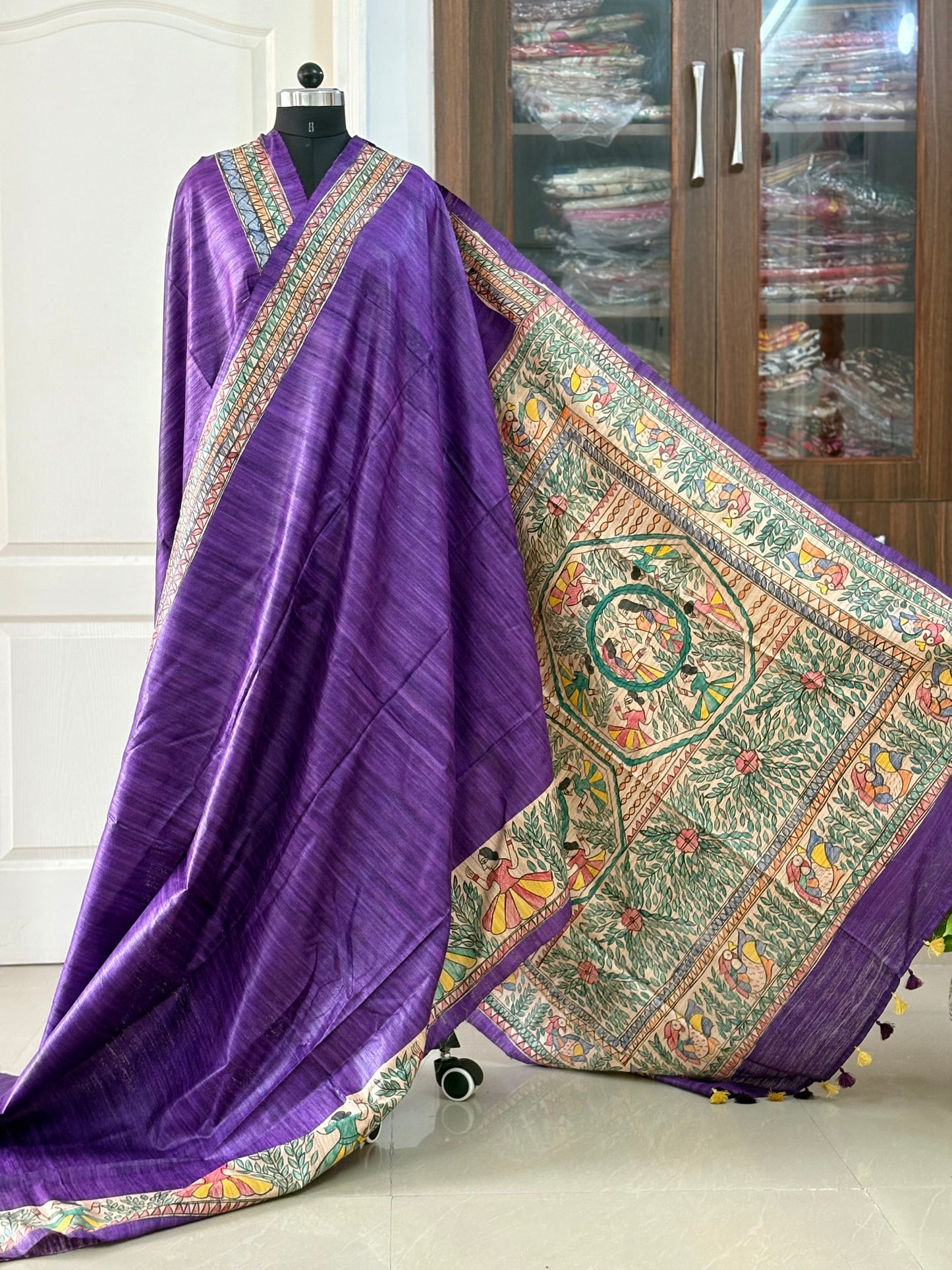 Pure Tussar Ghicha Silk Handcrafted Madhubani Saree (Silk Marked)