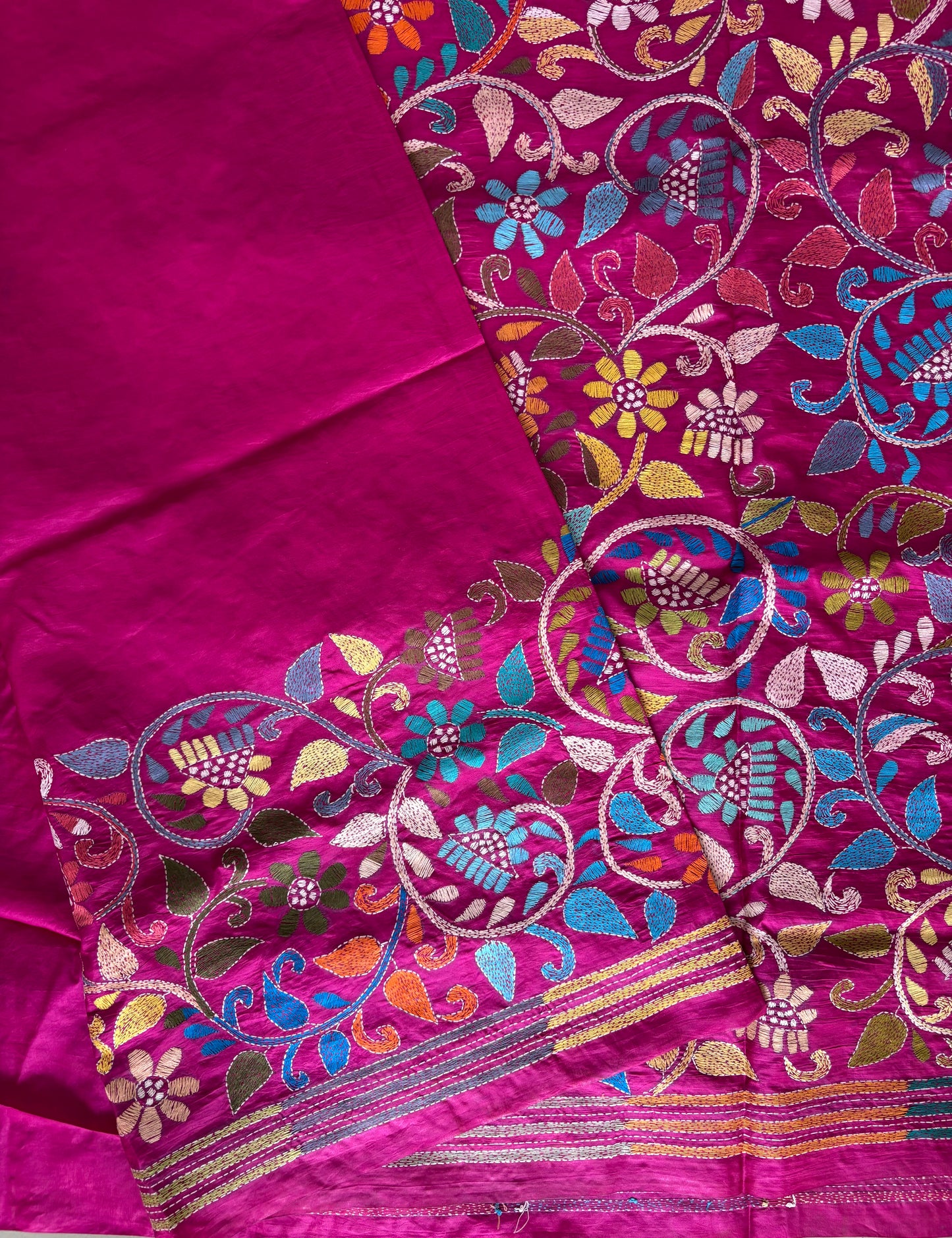 Kantha Stitch Hand Embroidered Pure Banglore Silk Batik Saree (Silk Marked)