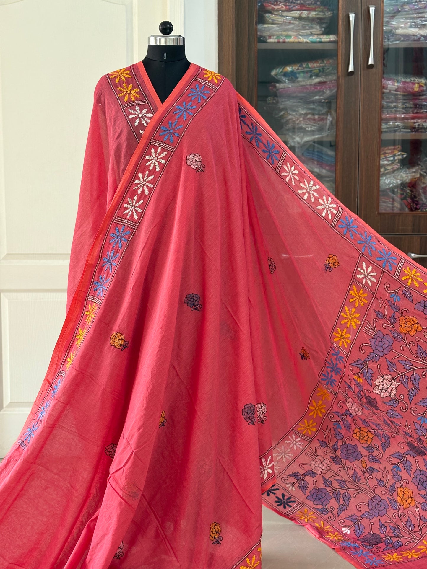 Kantha stitch Hand Embroidered Pure mul Cotton Saree