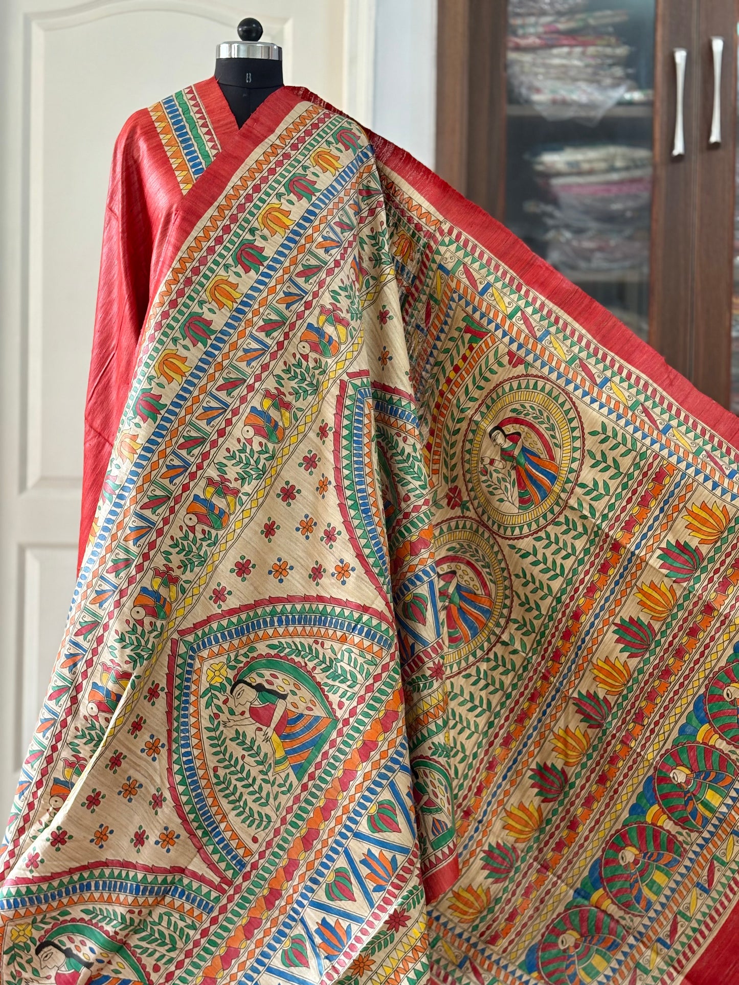 Pure Tussar Ghicha Silk Handcrafted Madhubani Half Saree (Silk Marked)