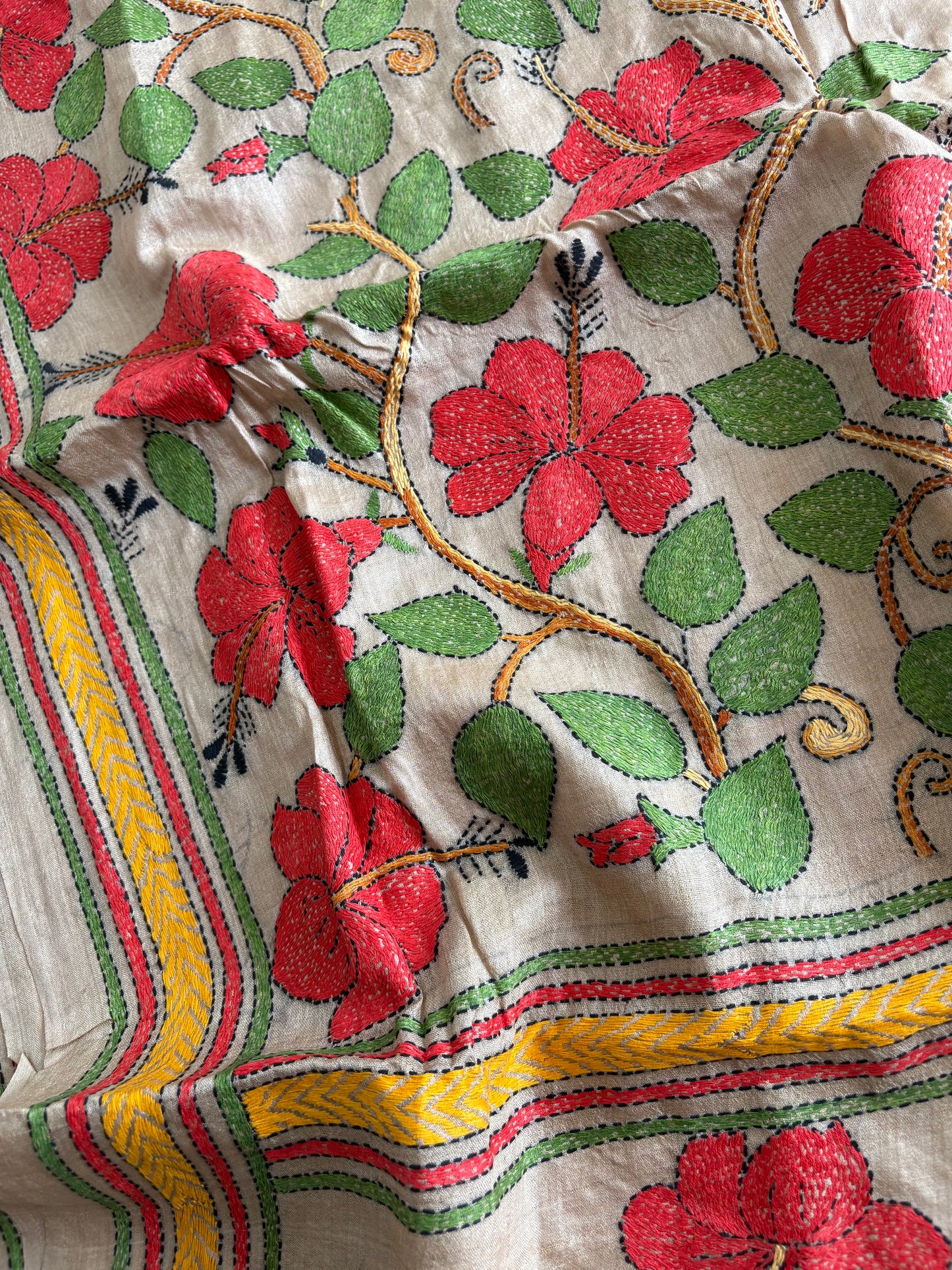 Kantha Stitch Hand Embroidered Pure Gachi by Gachi Tassar Silk Saree (Silk Marked)