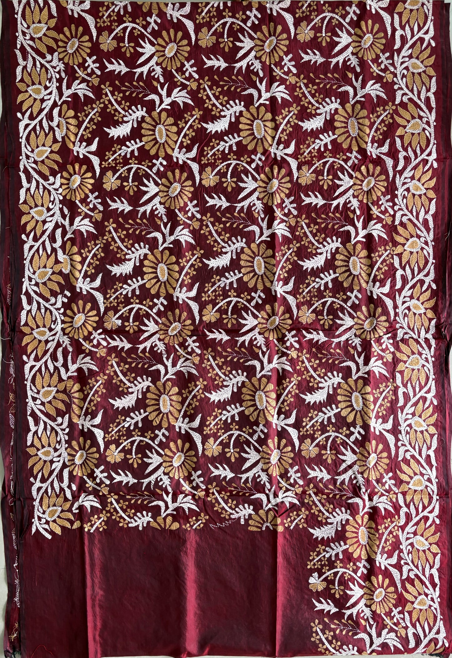 Maroon Kantha Stitch Hand Embroidered Pure Banglore Silk Saree