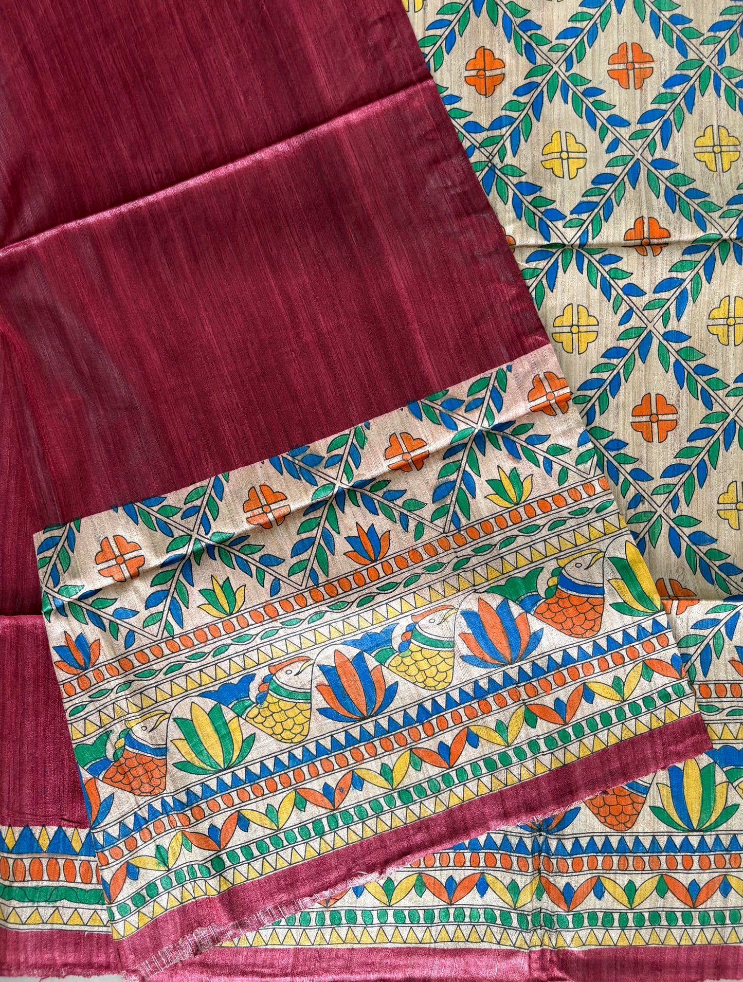 Pure Tussar Ghicha Silk Handcrafted Madhubani Half Saree (Silk Marked)
