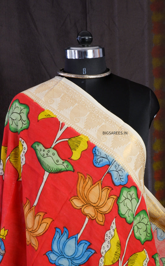 Pen Kalamkari Hand Painted Bangalore Silk Dupatta/Red/36"