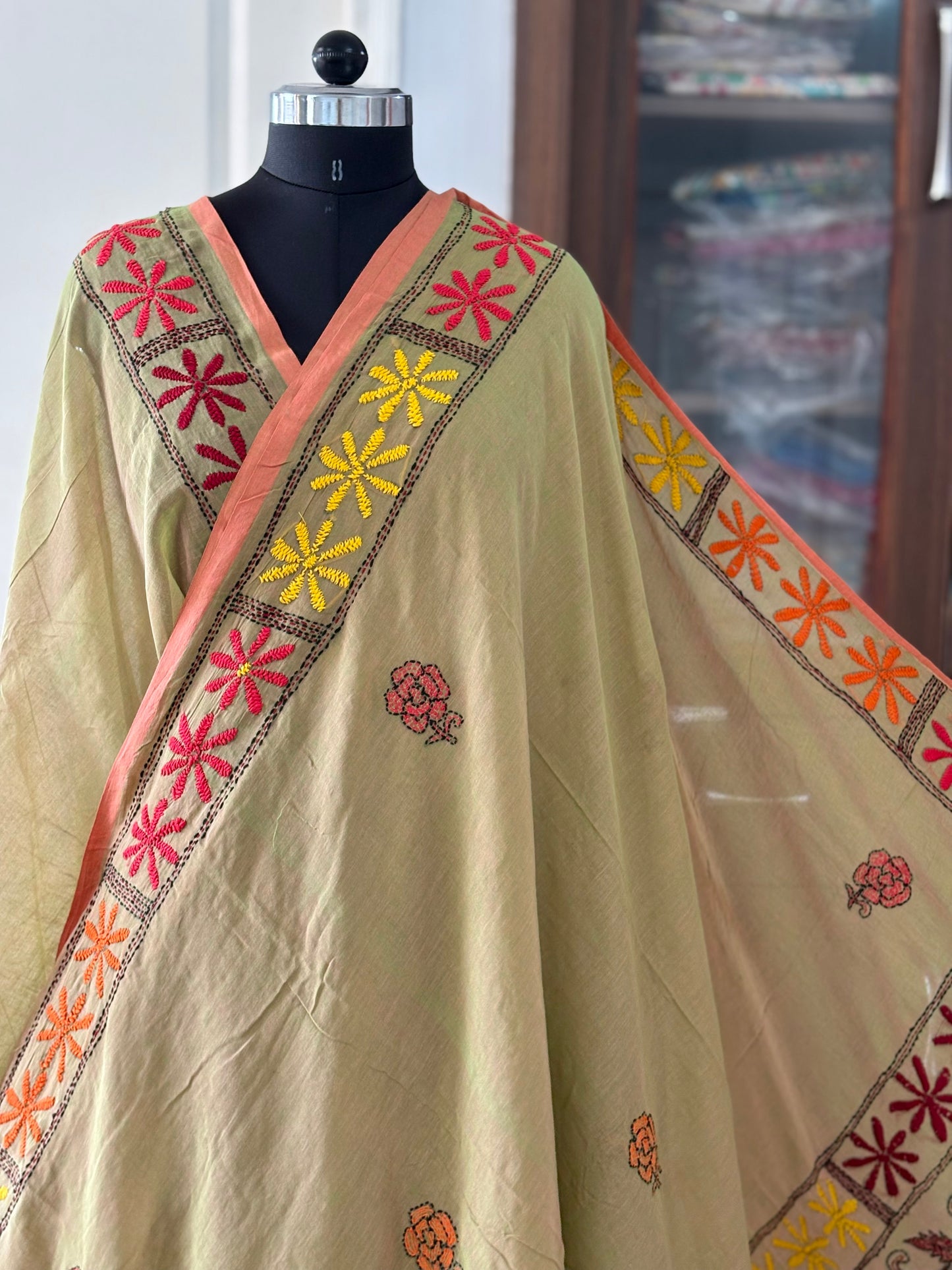 Kantha stitch Hand Embroidered Pure mul Cotton Saree