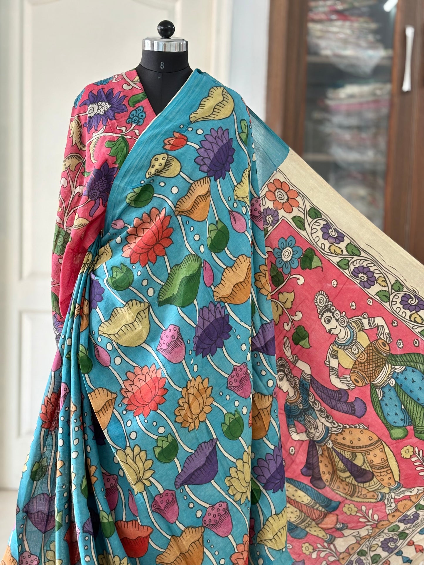 Pen Kalamkari hand painted pure cotton Saree with blouse