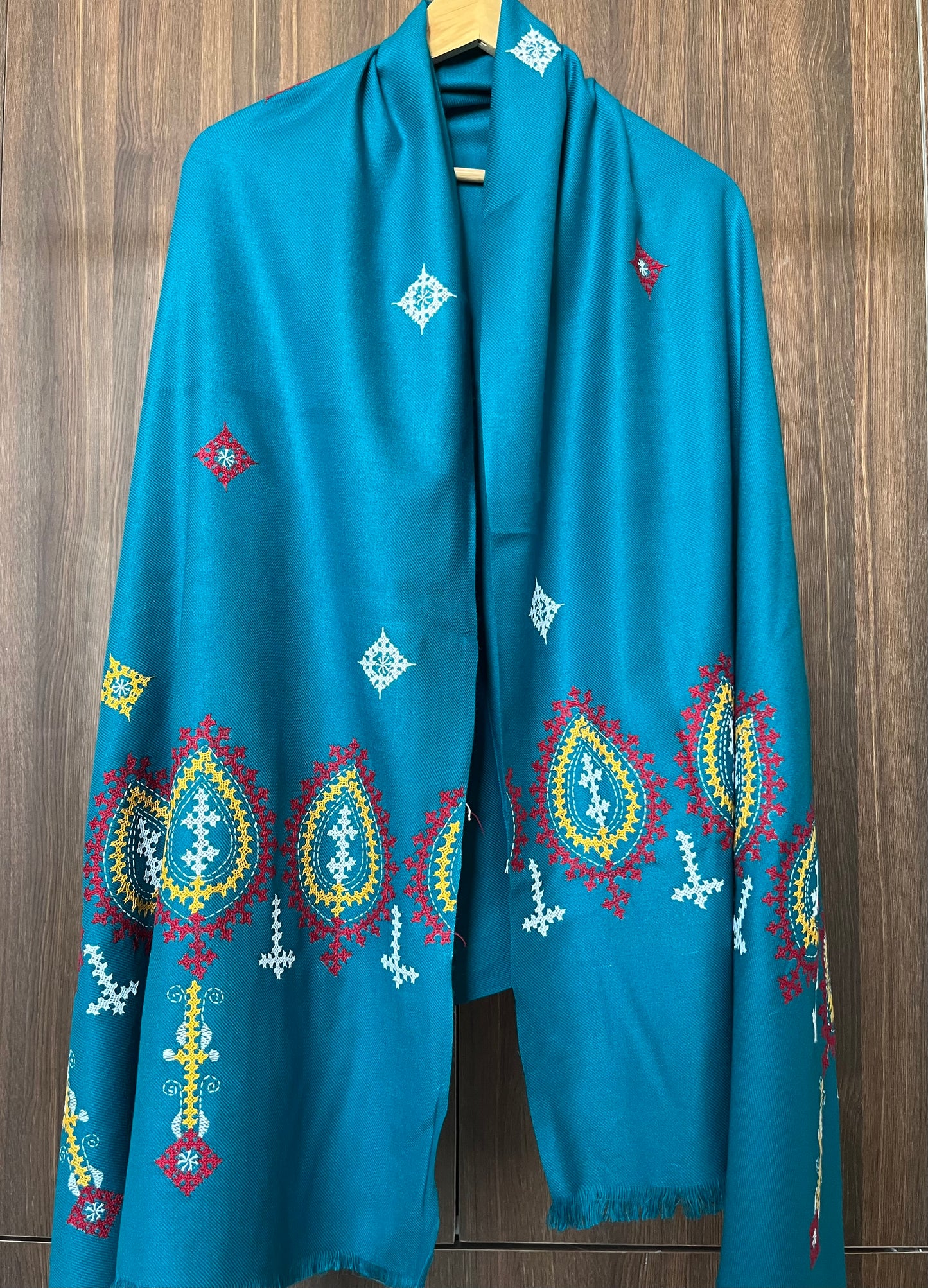 Gujrati Stitch Hand Embroidered Woollen Warm Shawl (Rama Green)