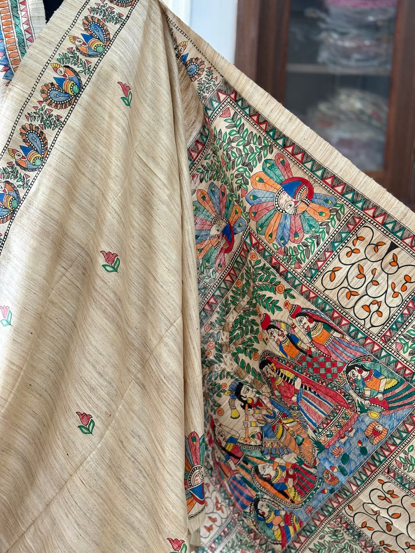 Pure Tussar Ghicha Silk Handcrafted Madhubani Saree (Silk Marked)