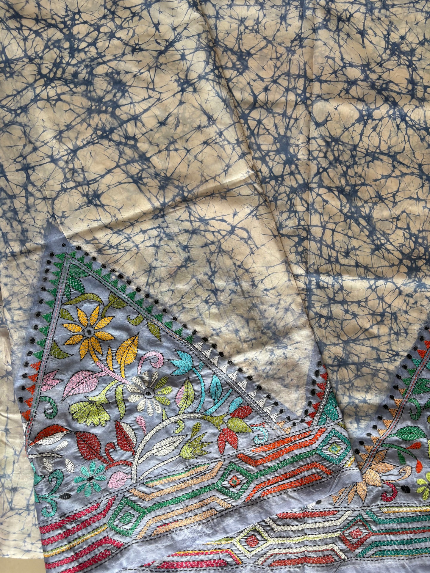 Kantha Hand Embroidered Hand Batik Art Silk Saree With Blouse