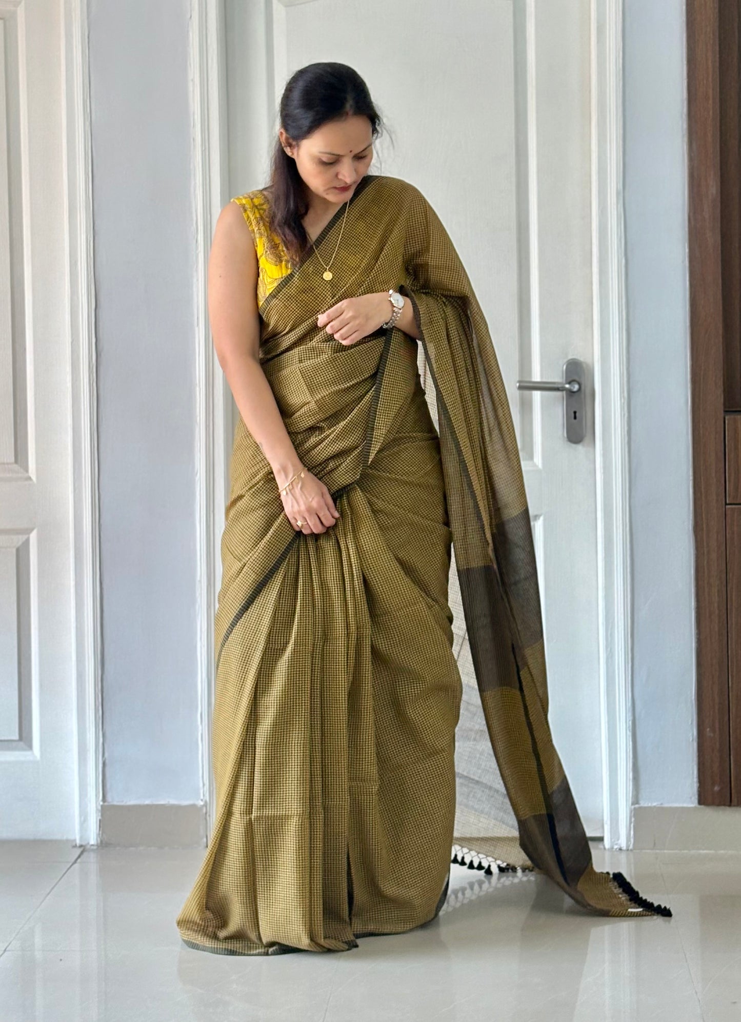 Gamcha Check Mul Cotton handwoven Saree (Handloom Marked)