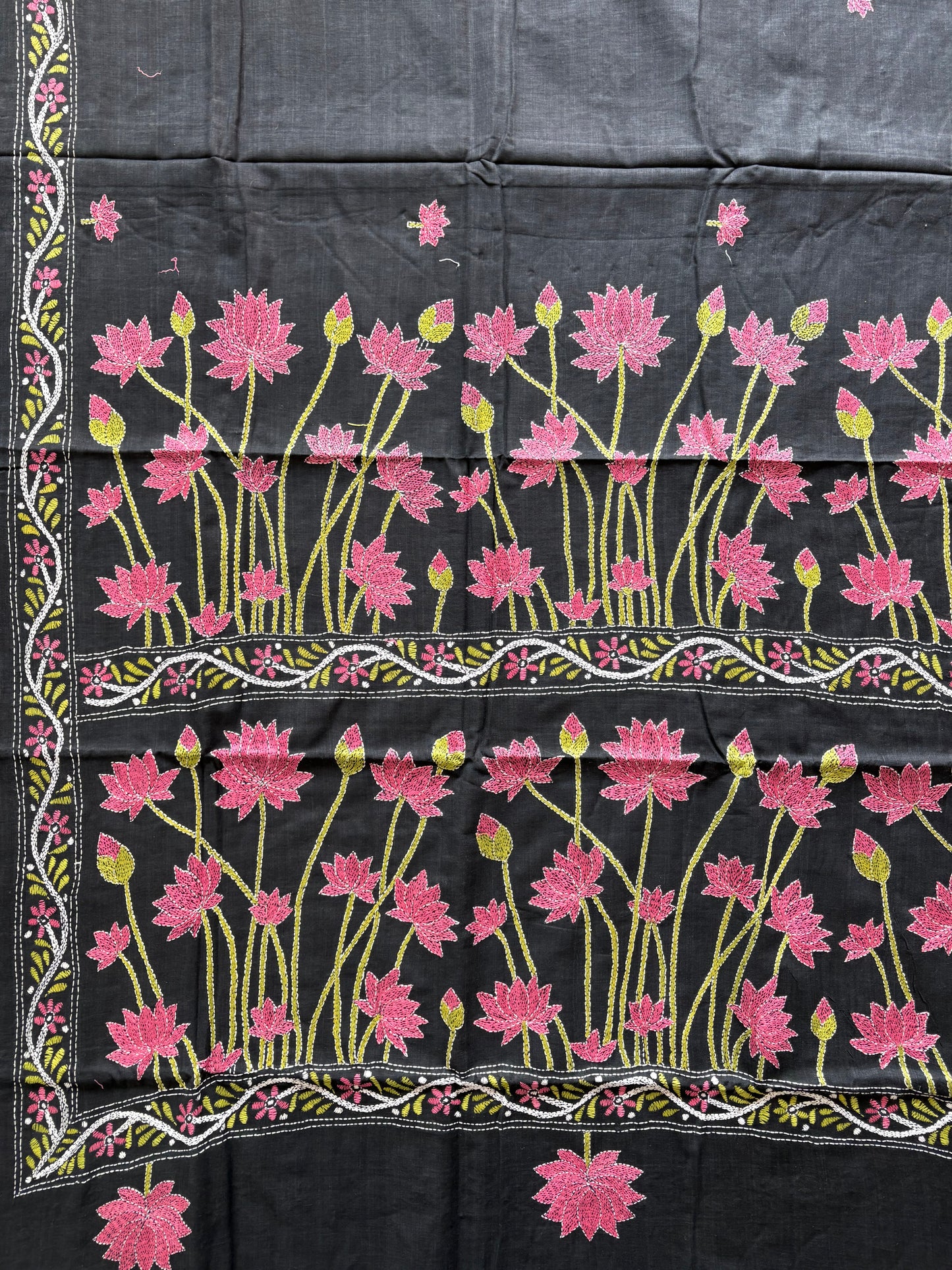 Kantha stitch Khadi Cotton Saree - Black