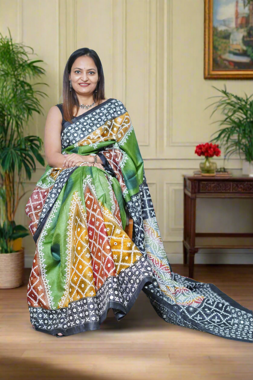 Green Kutch work/Gujrati stitch Hand Embroidered Pure Tassar Silk Saree