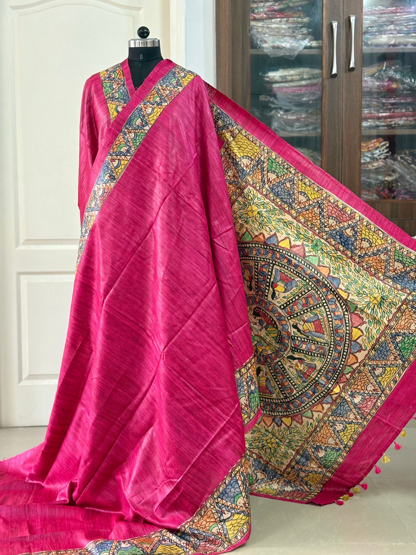 Pure Tussar Ghicha Silk Handcrafted Madhubani Saree (Silk Marked)