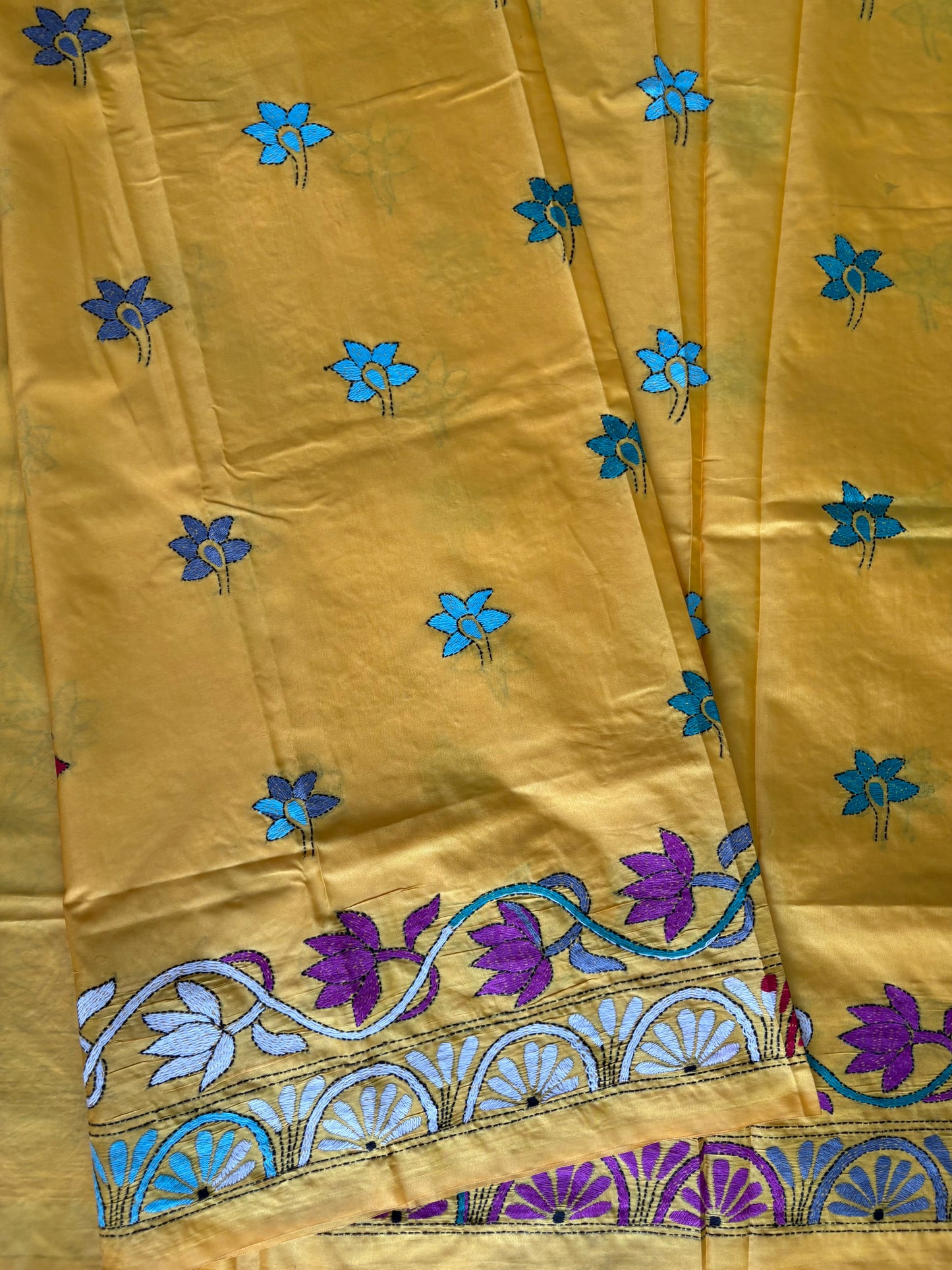 Kantha Hand Embroidered Blended Banglore Silk/Art Silk Saree With Blouse