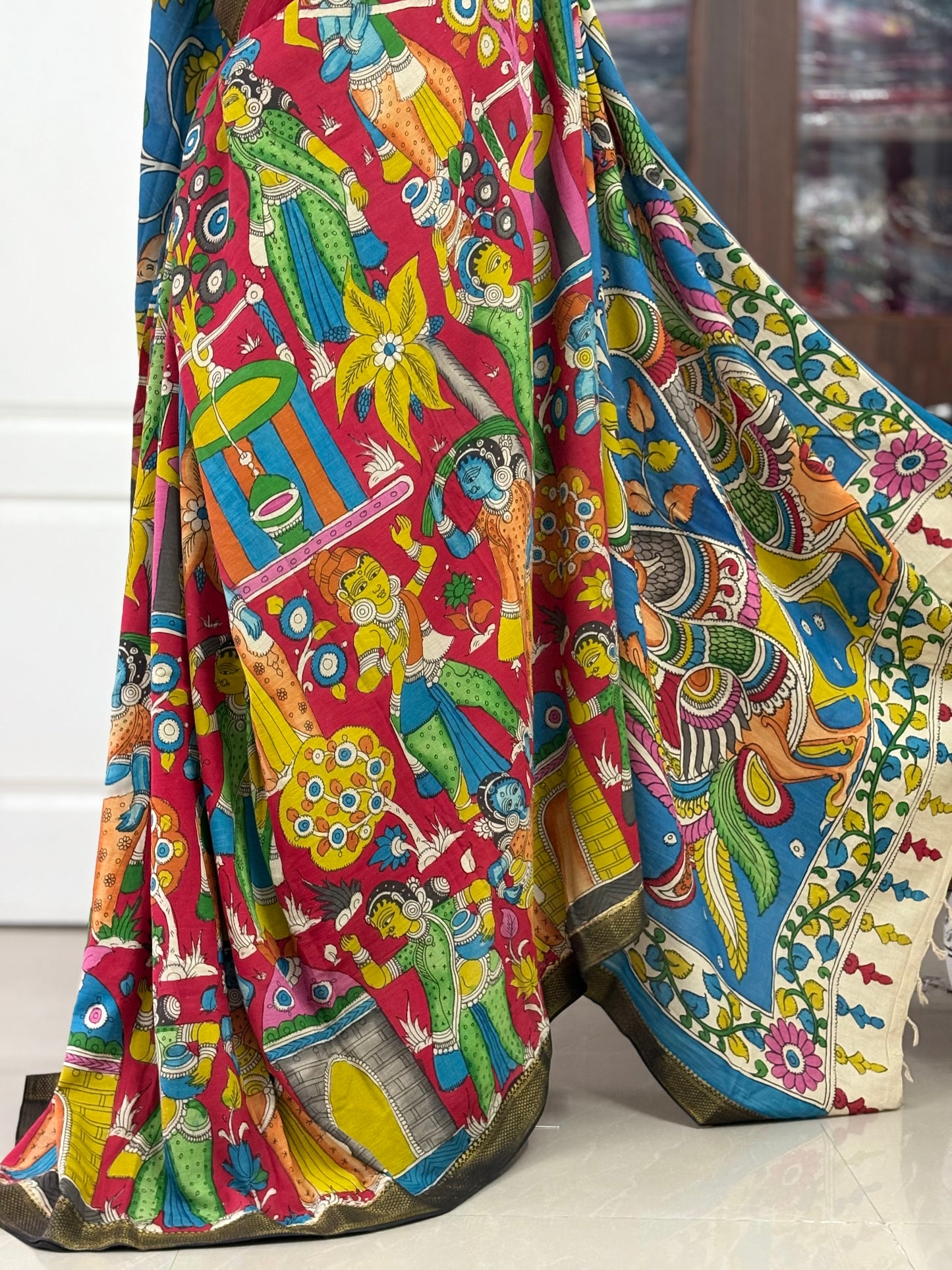 Pen Kalamkari hand painted pure cotton Saree with blouse