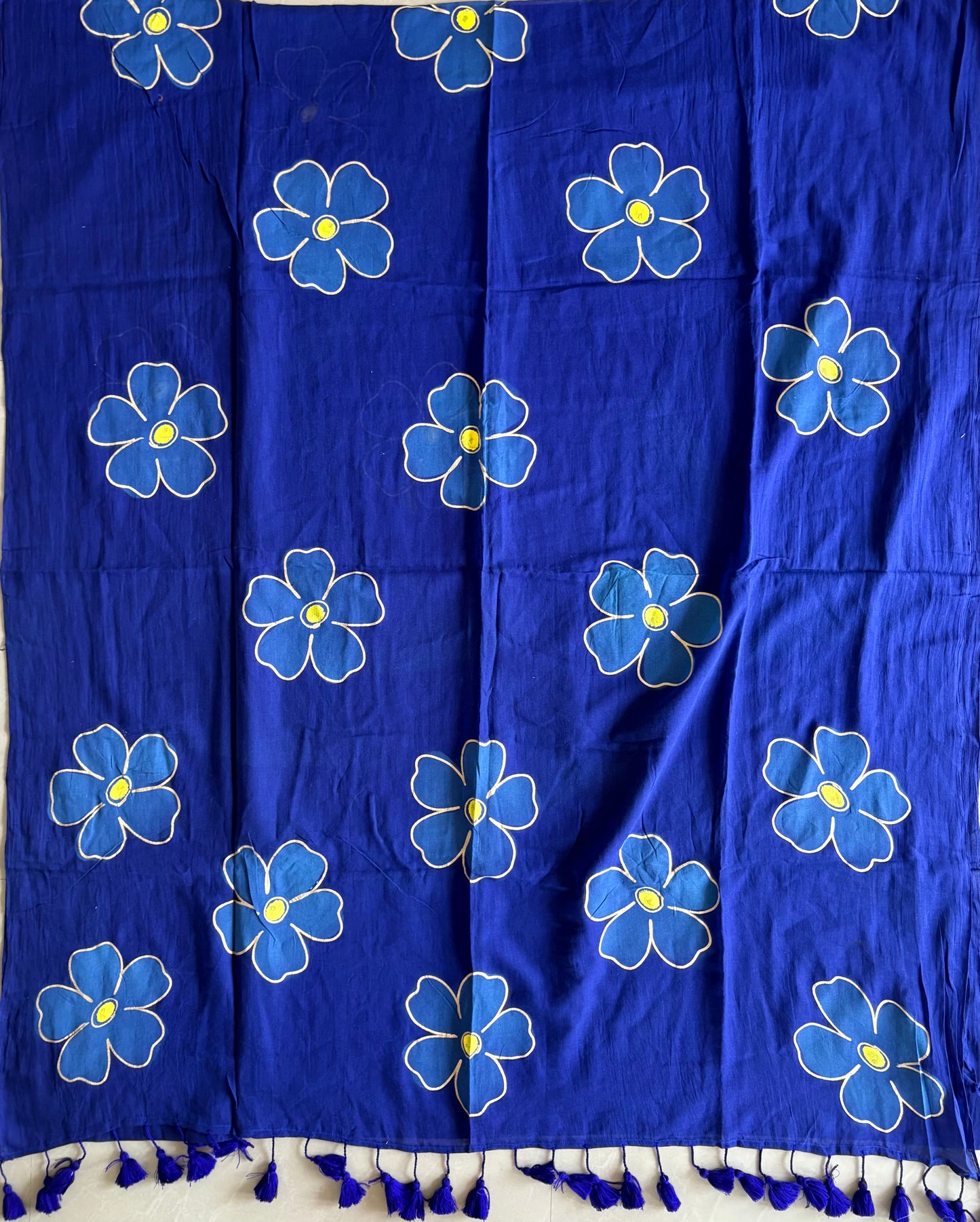 Hand Painted Mul Cotton Saree - Dark Blue