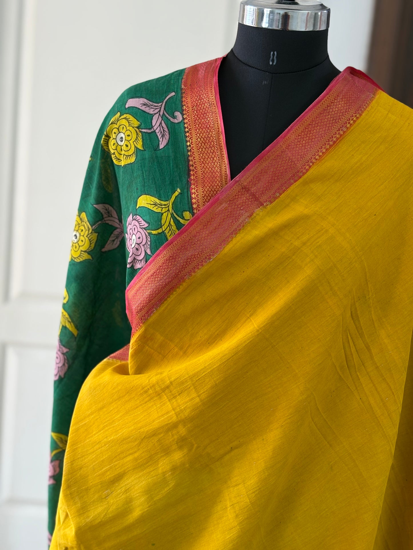 Pen Kalamkari hand painted pure cotton Saree with blouse