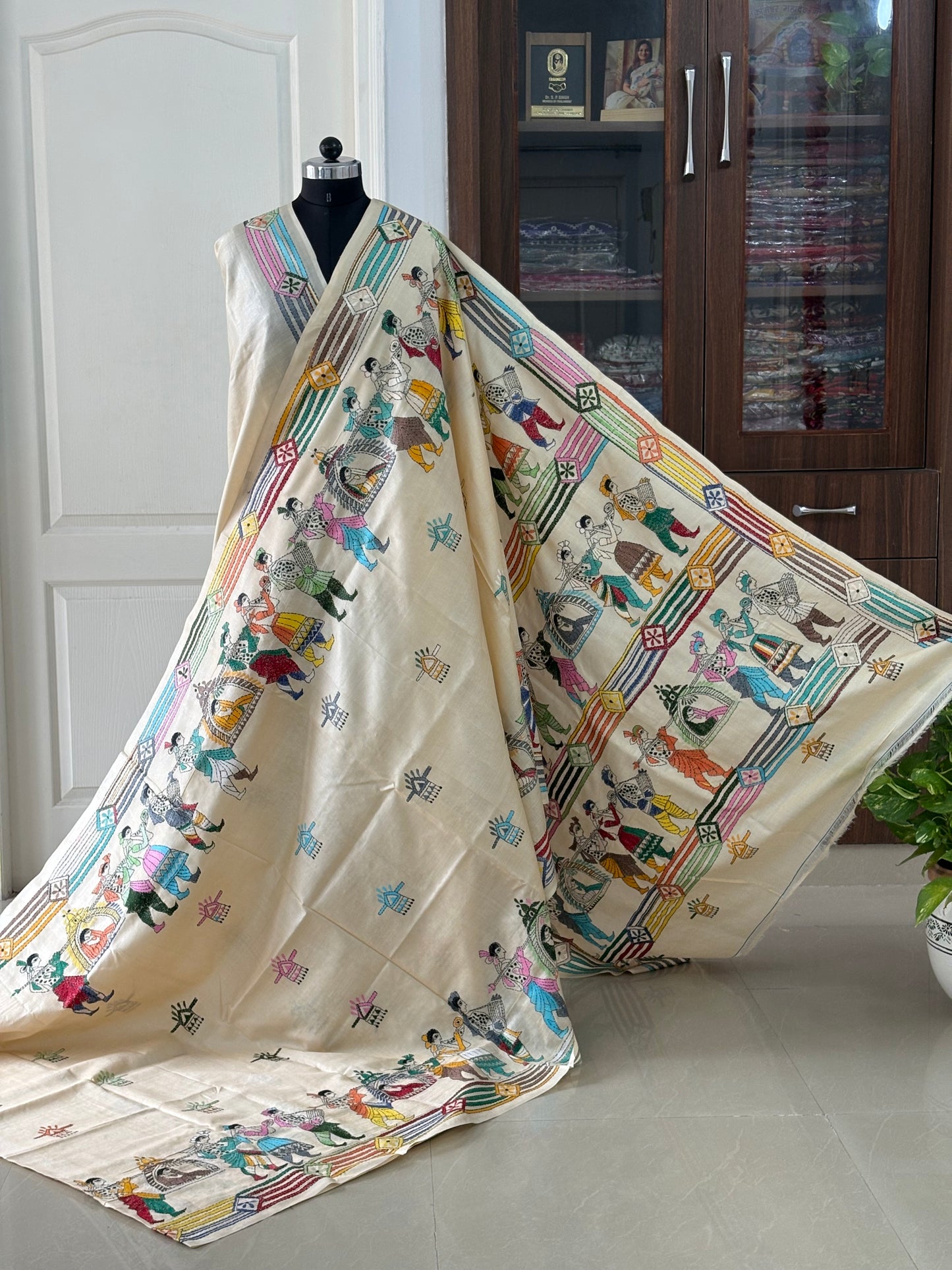 Kantha Hand Embroidered Pure Tussar Silk Saree