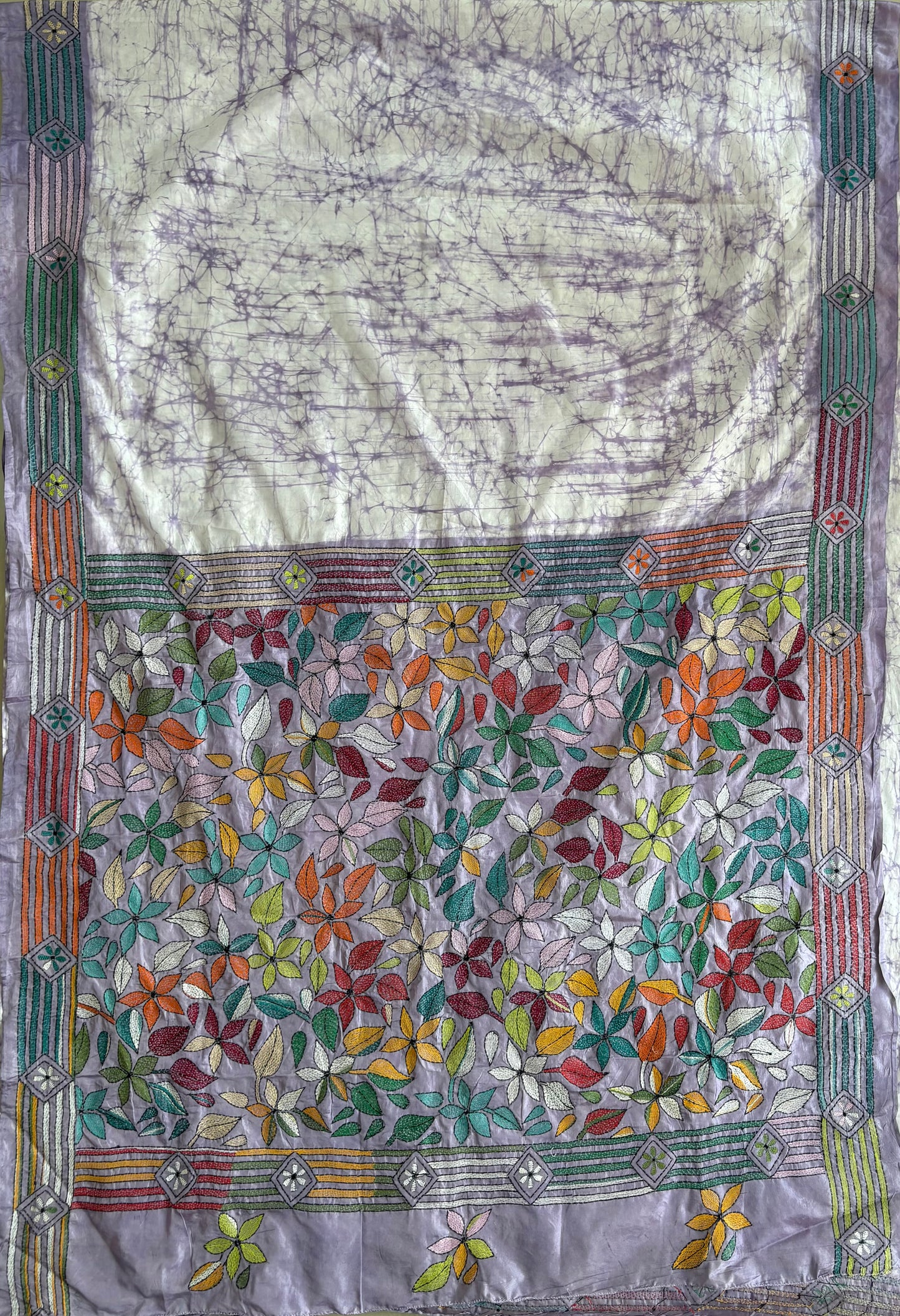 Kantha Hand Embroidered Hand Batik Art Silk Saree With Blouse