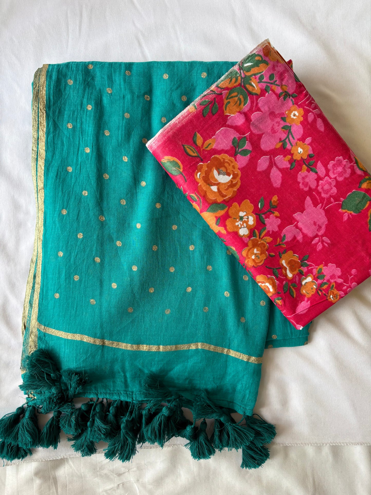 Polka Dot Saree With Blouse | Mul Cotton | Seafoam Green