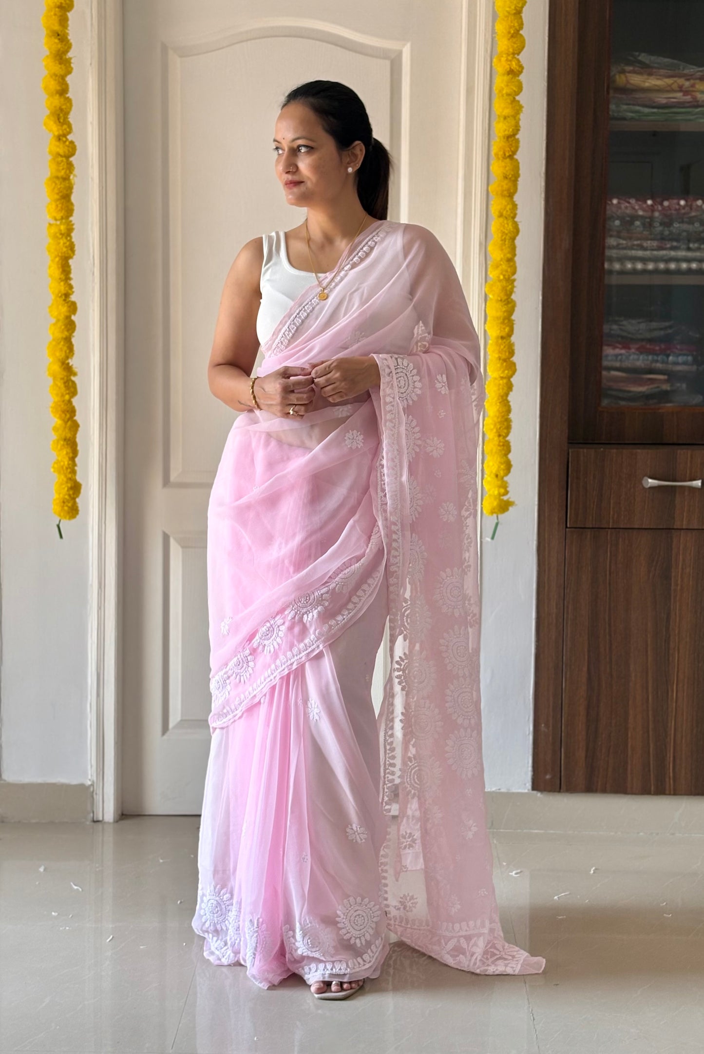 Light Pink Georgette Chikankari Work Hand Embroidered Saree