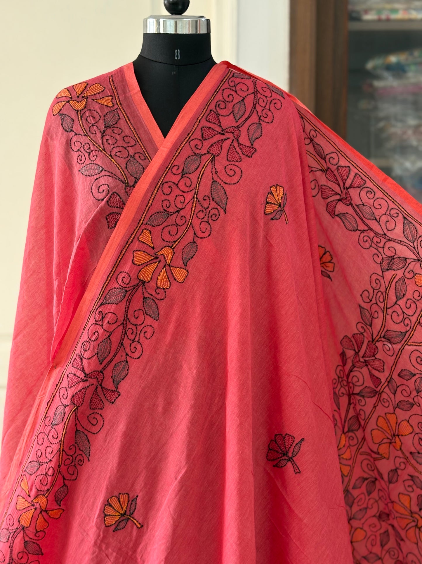 Kantha stitch Hand Embroidered Pure mul Cotton Saree