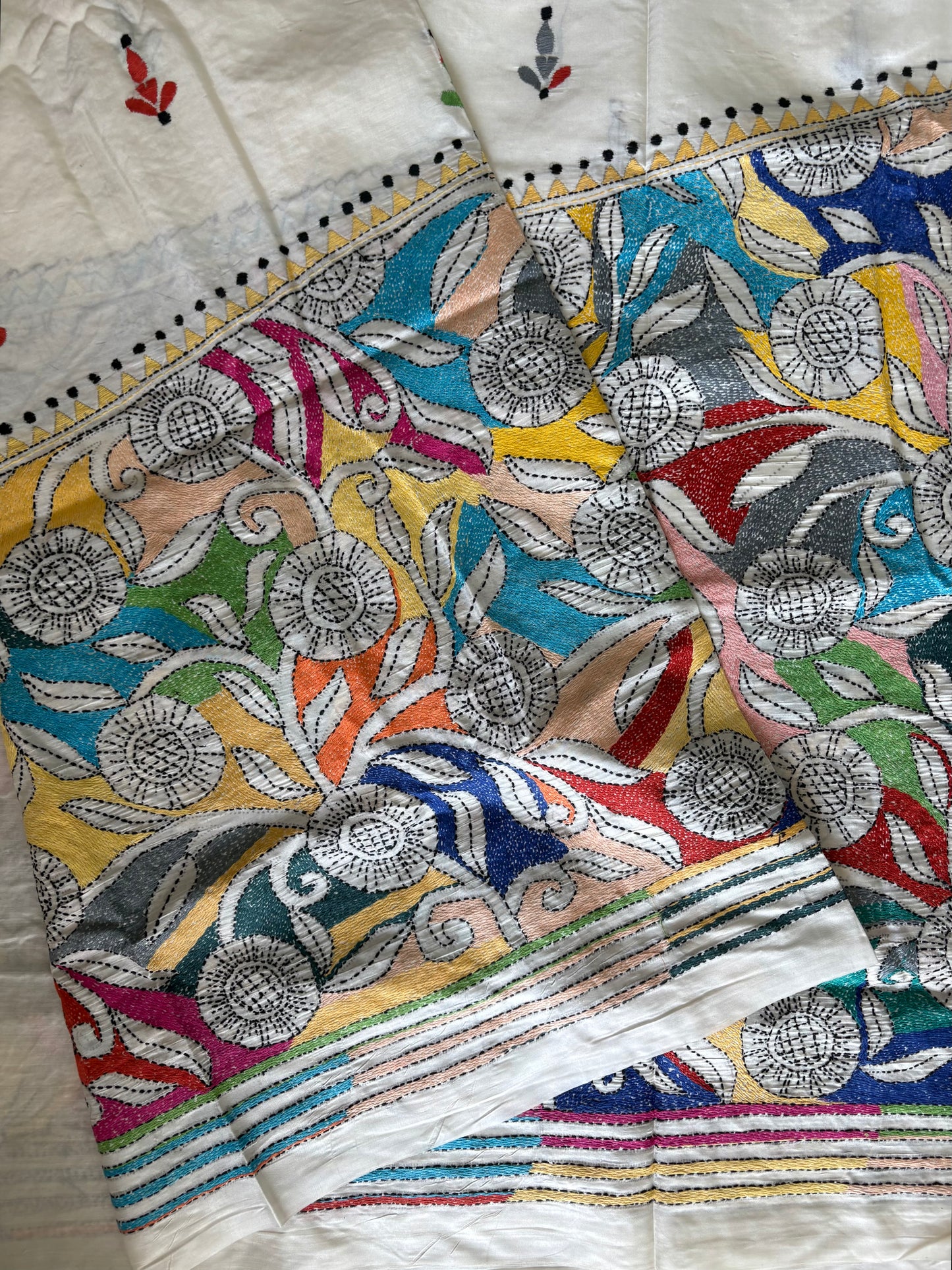 Off white Kantha Stitch Saree on Hand Art Silk
