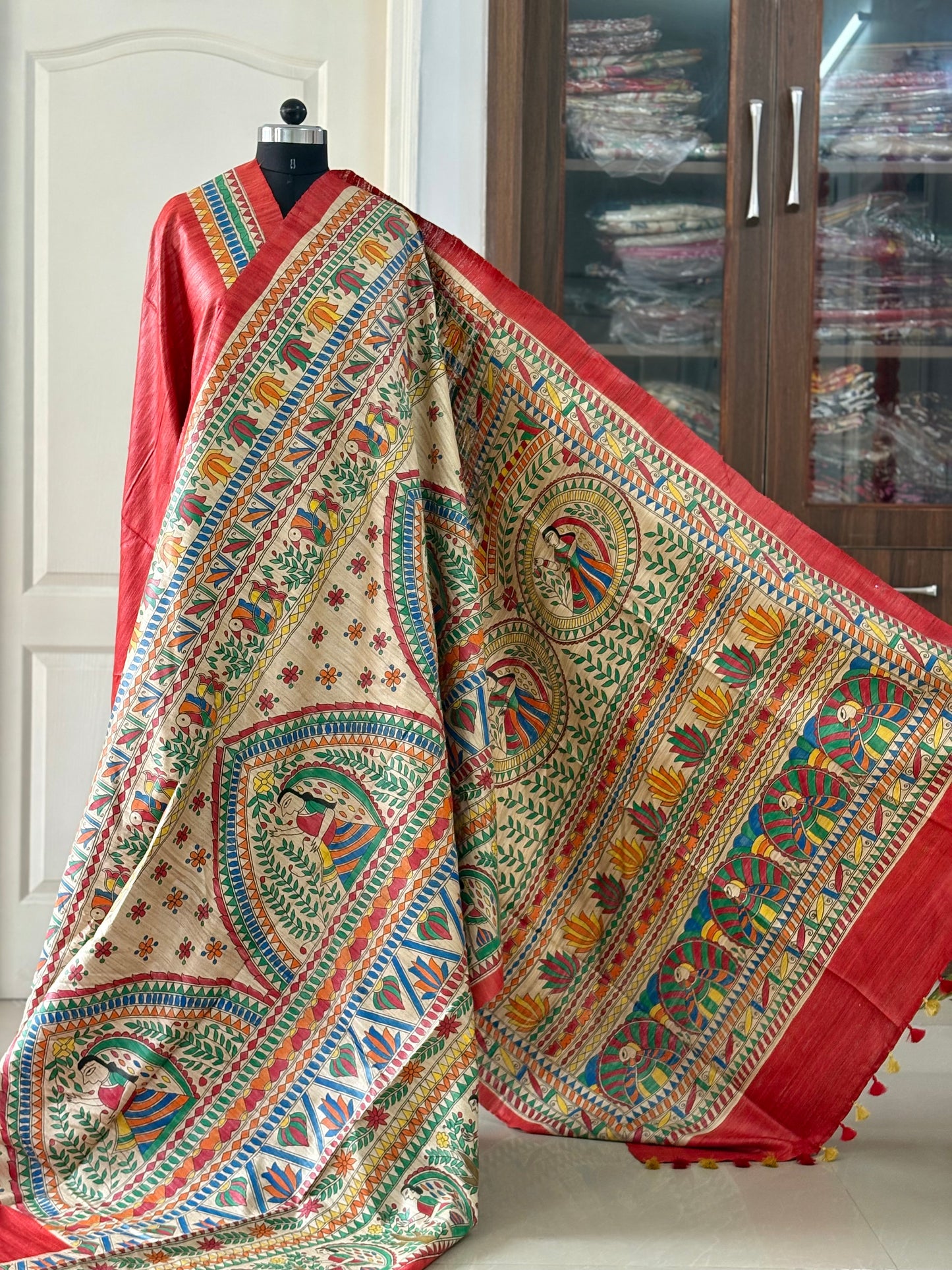 Pure Tussar Ghicha Silk Handcrafted Madhubani Half Saree (Silk Marked)