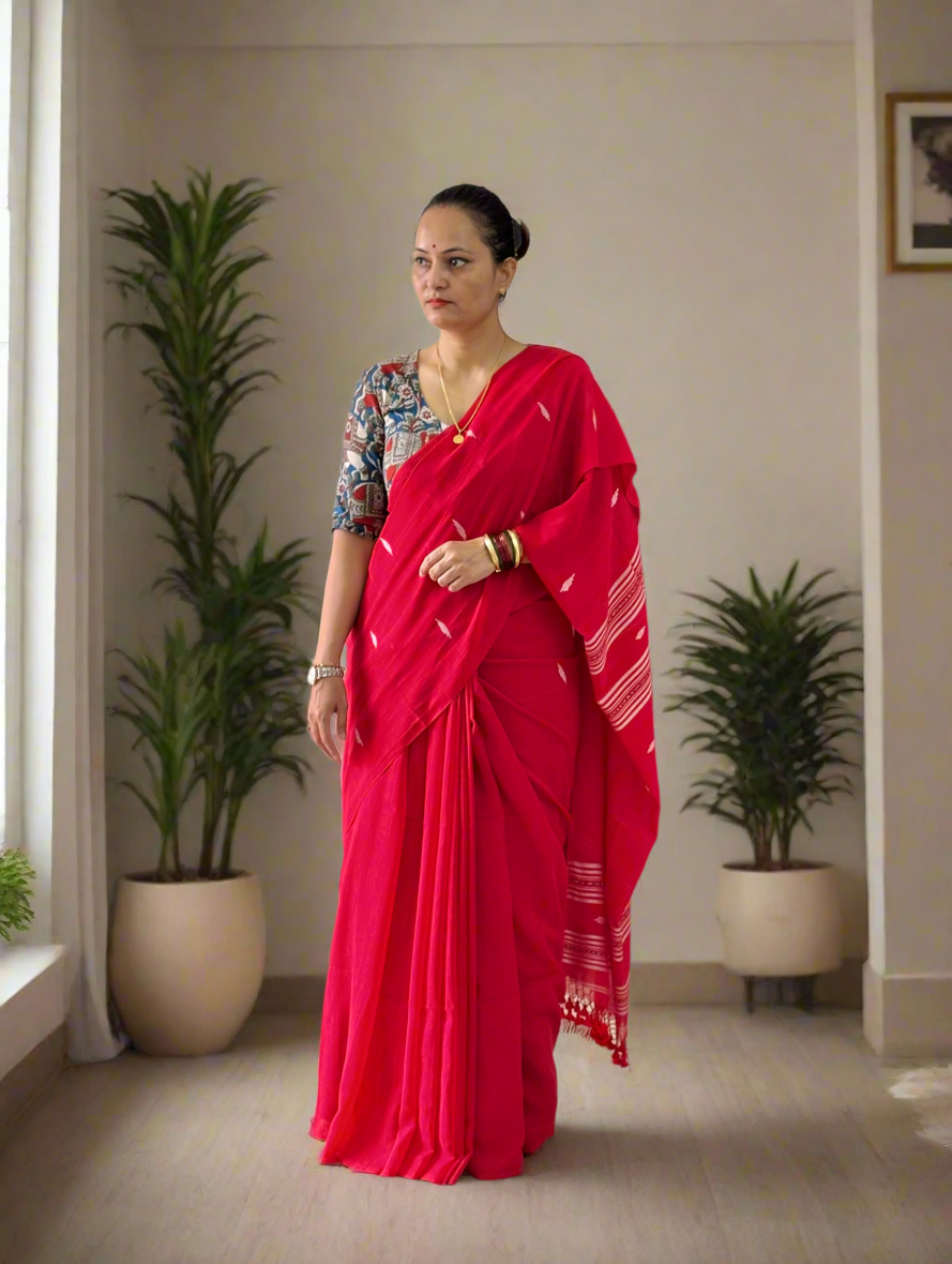 Handloom Mul Cotton Jamdani Butta Saree - Red