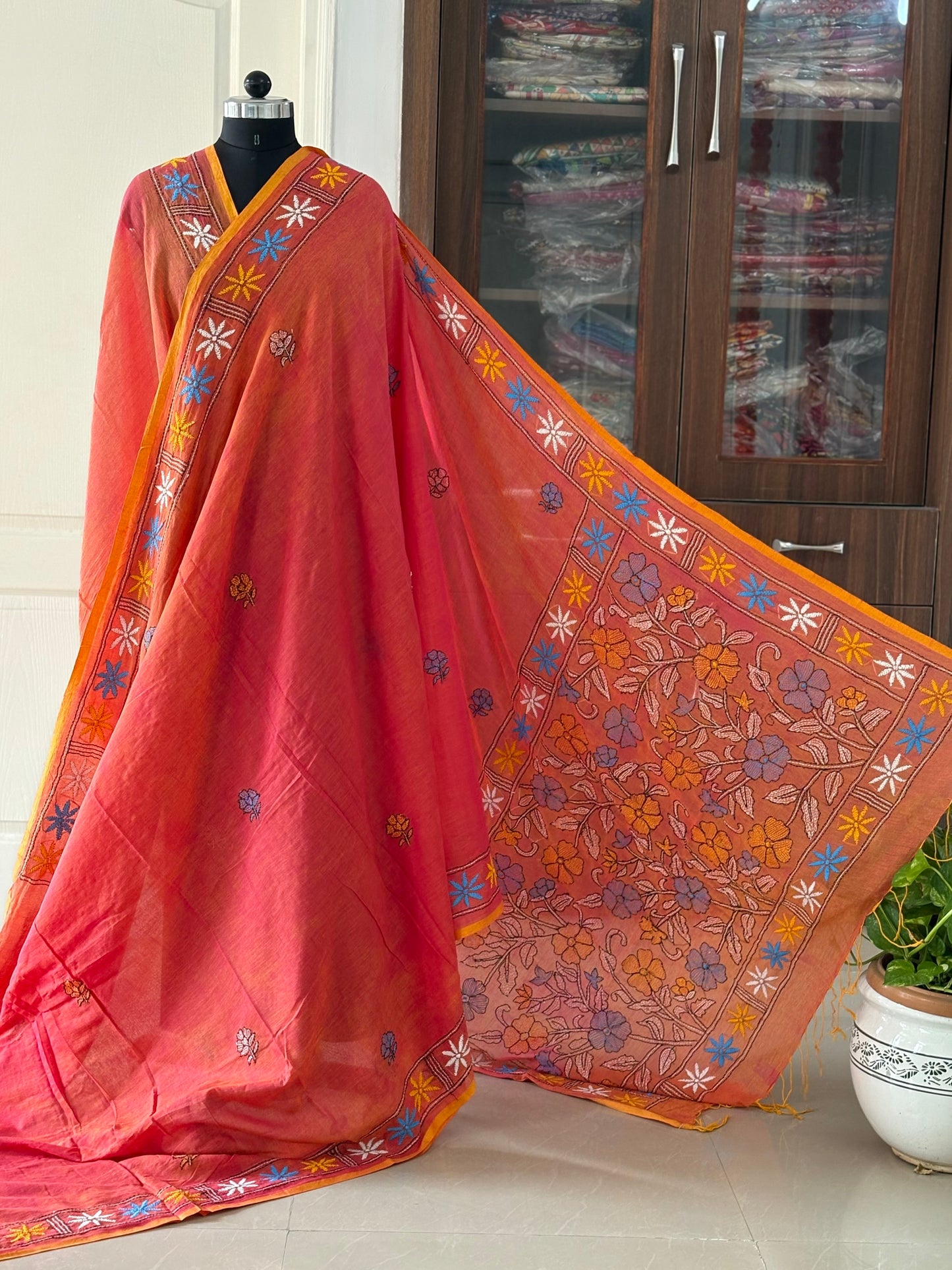 Kantha stitch Hand Embroidered Pure mul Cotton Saree