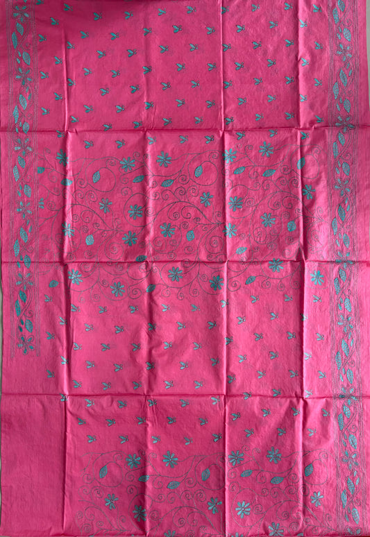 Kantha Stitch Hand Work Embroidered Art Silk Saree With Blouse