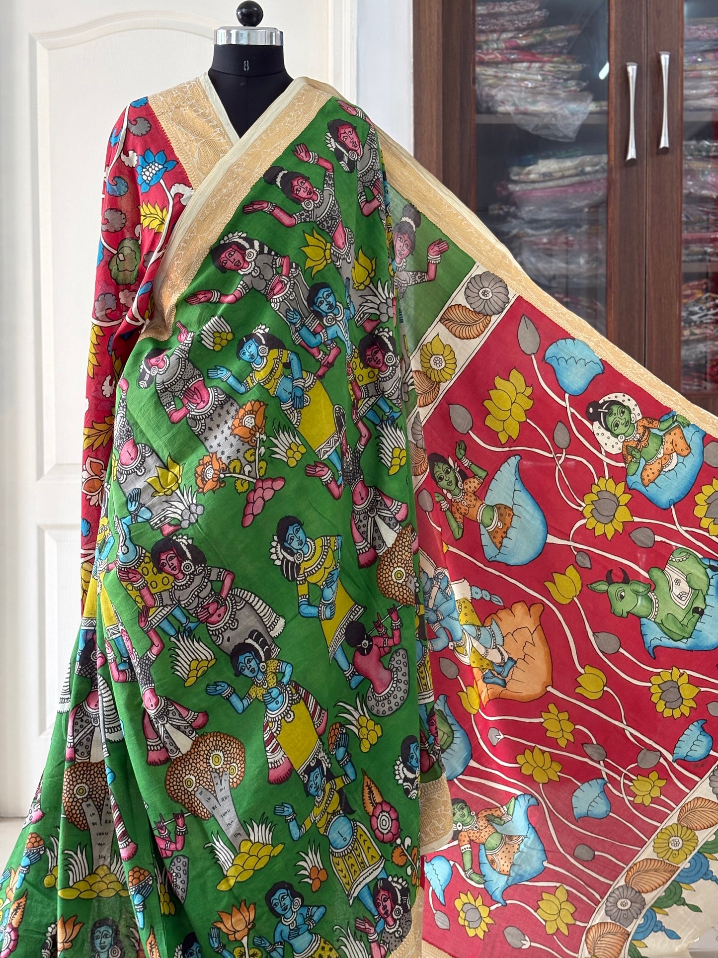 Pen Kalamkari hand painted pure cotton Saree with blouse
