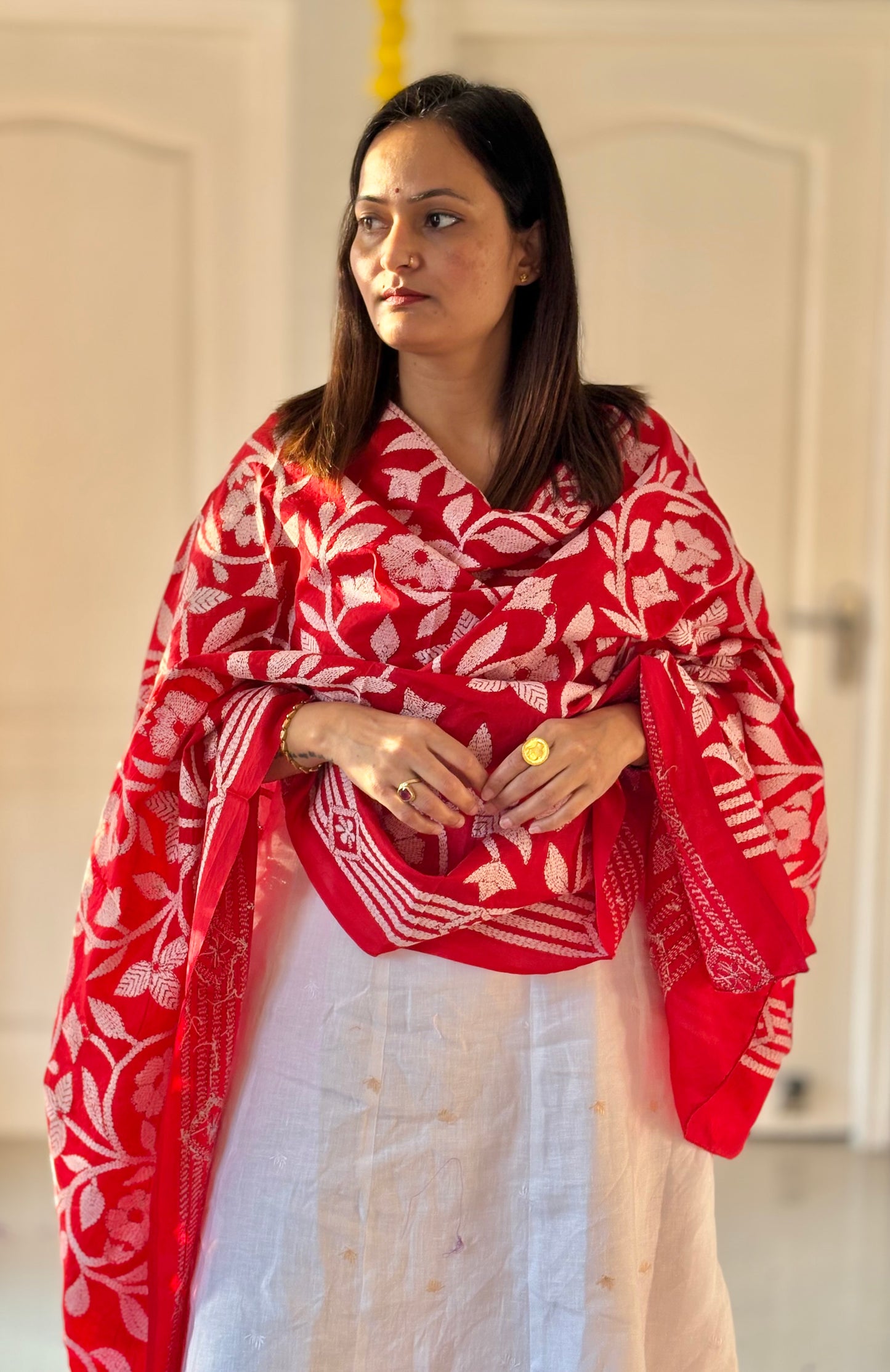 Red Kantha Stitch Hand Embroidary Full Work Pure Banglore Silk Dupatta. (With Silk Mark)