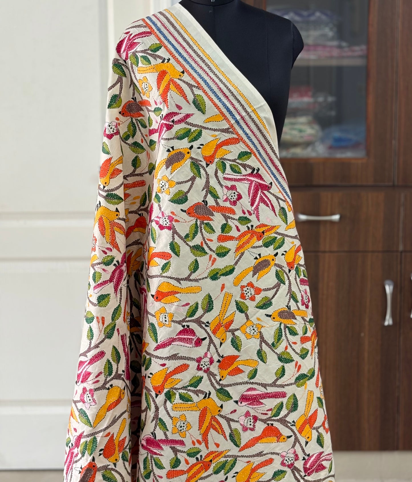 Kantha stitch hand embroidered heavy work Semi Tassar Silk Dupatta 44″