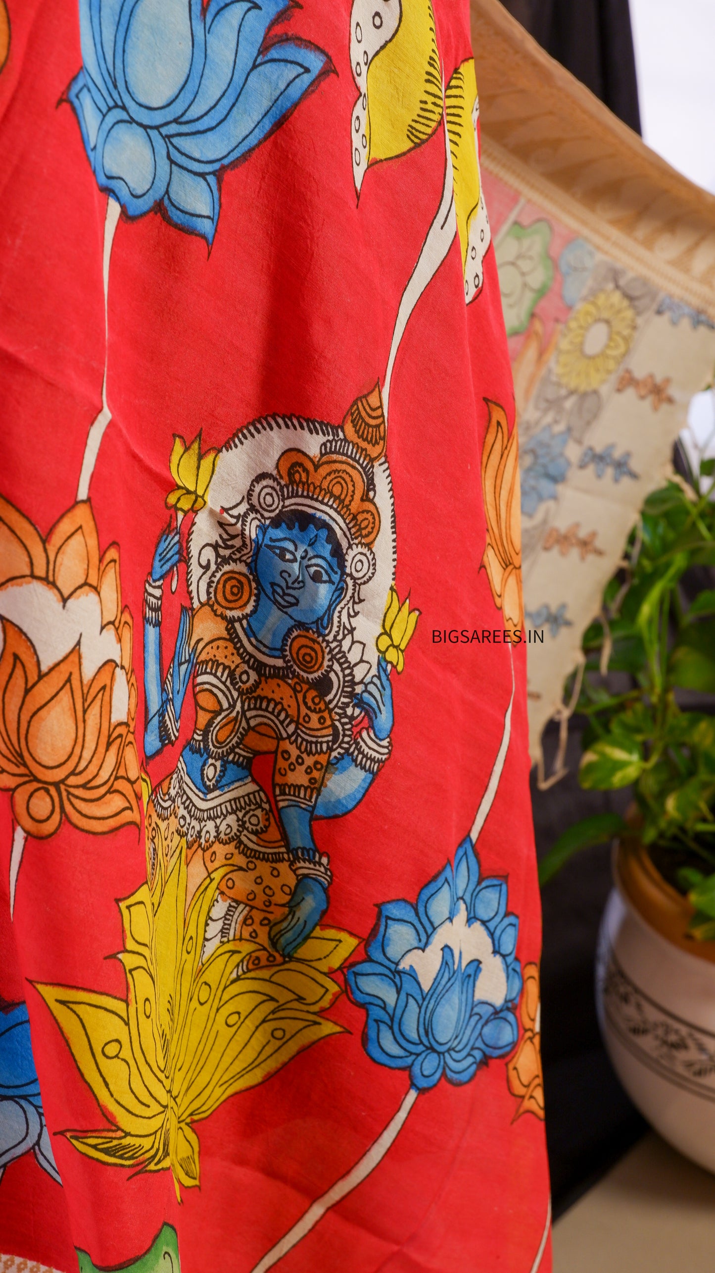 Pen Kalamkari Hand Painted Bangalore Silk Dupatta | Red | 36"