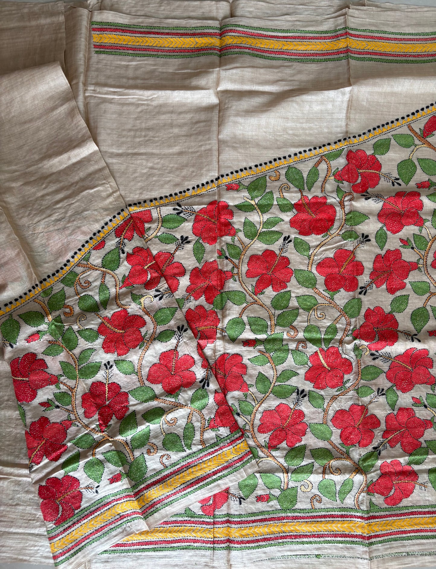 Kantha Stitch Hand Embroidered Pure Gachi by Gachi Tassar Silk Saree (Silk Marked)