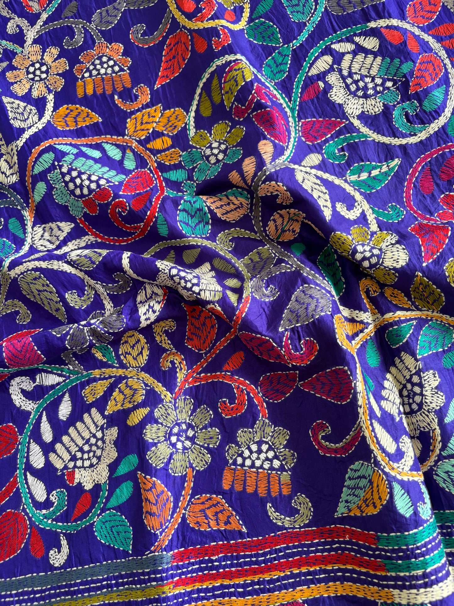 Kantha Hand Embroidered Pure Banglore Silk Saree (Silk Marked)