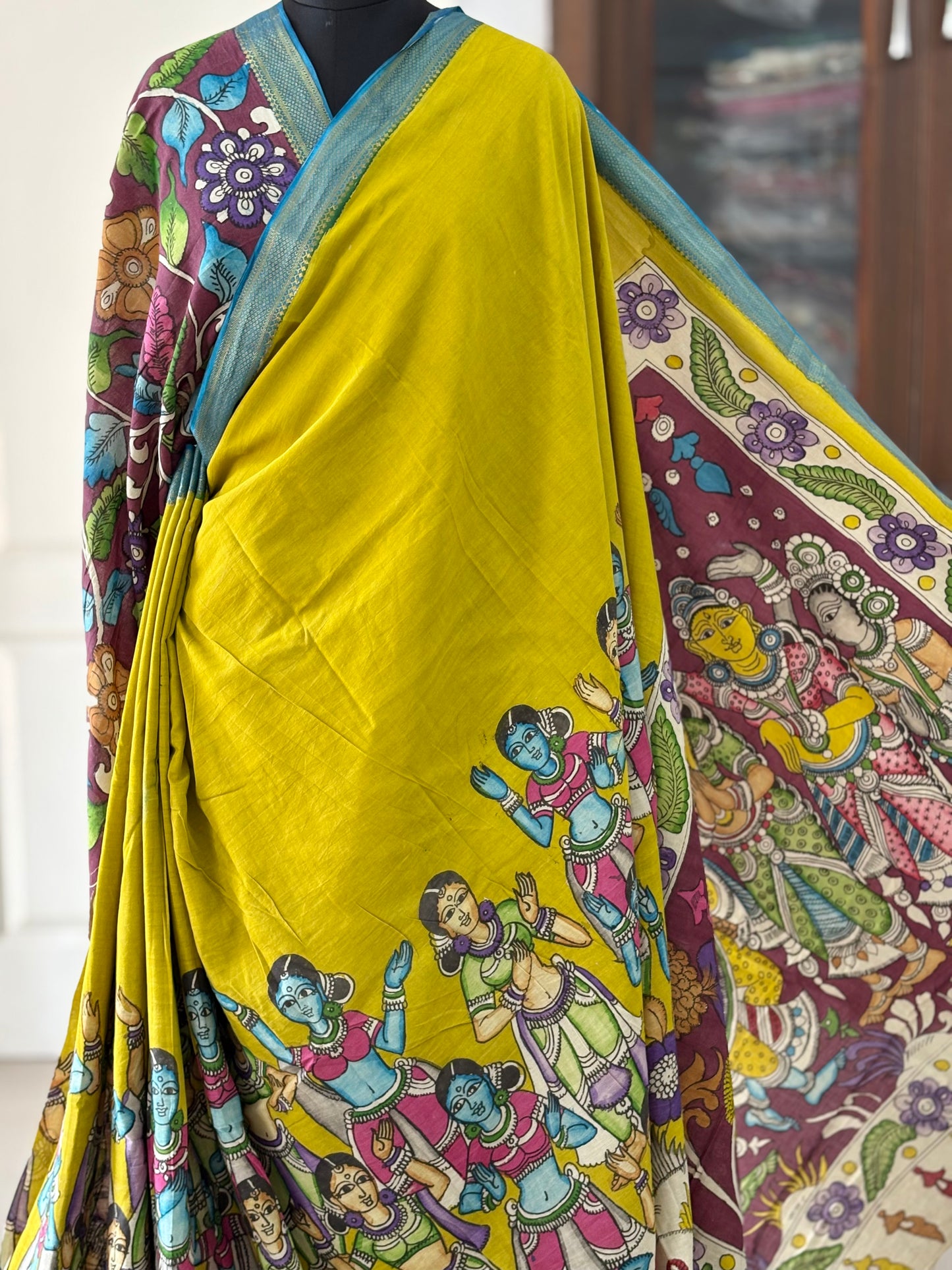 Pen Kalamkari hand painted pure cotton Saree with blouse