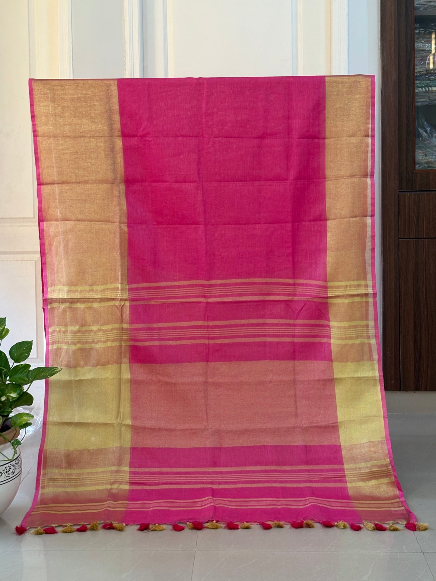 Pink gold pure Linen By Linen Saree With running Blouse