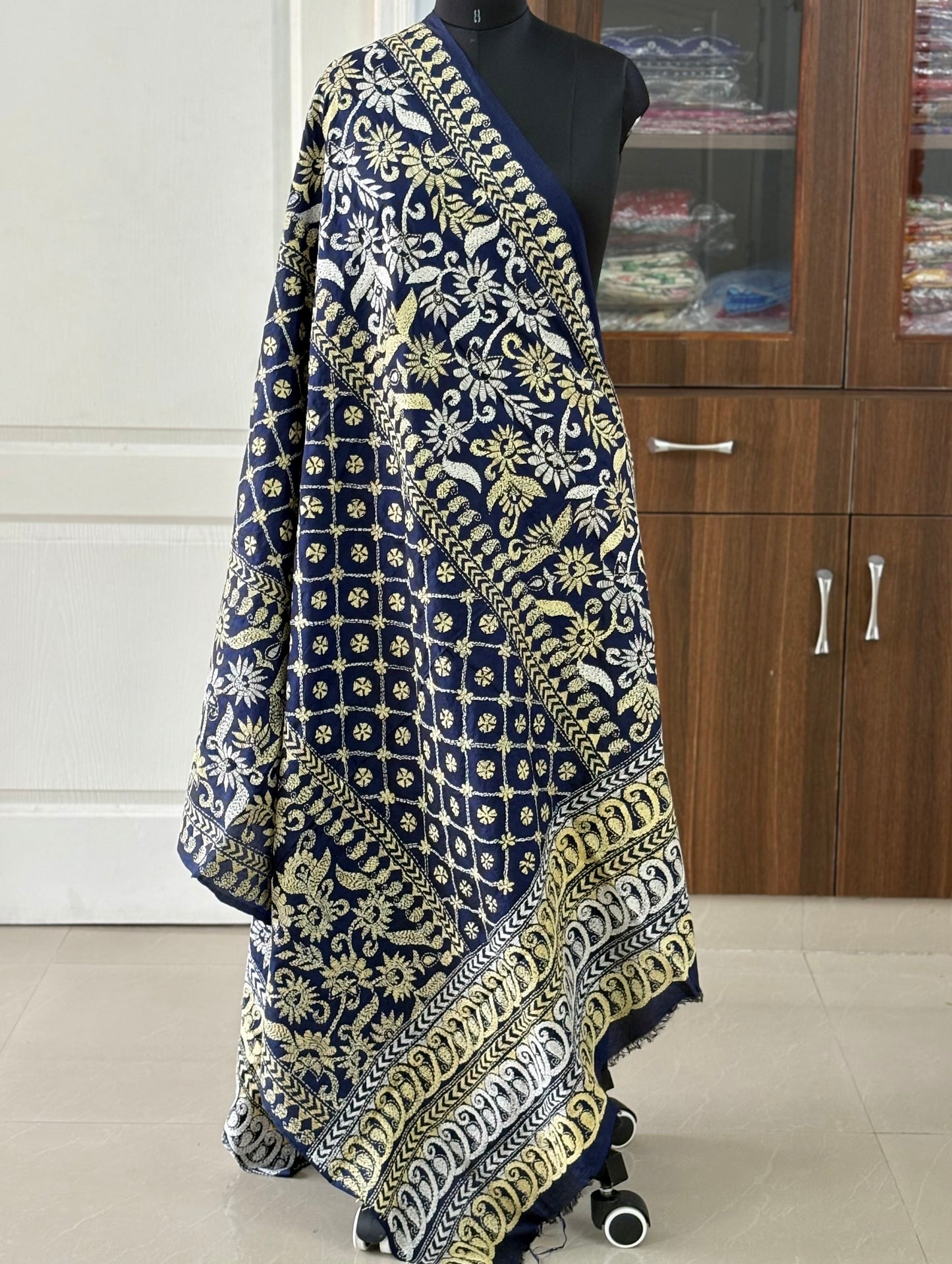 Kantha Stitch Hand Embroidary Full Work Pure Banglore Silk Dupatta - Navy Blue