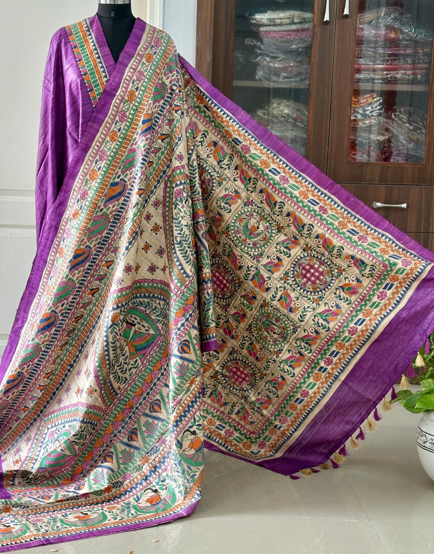 Pure Tussar Ghicha Silk Handcrafted Madhubani Half Saree (Silk Marked)