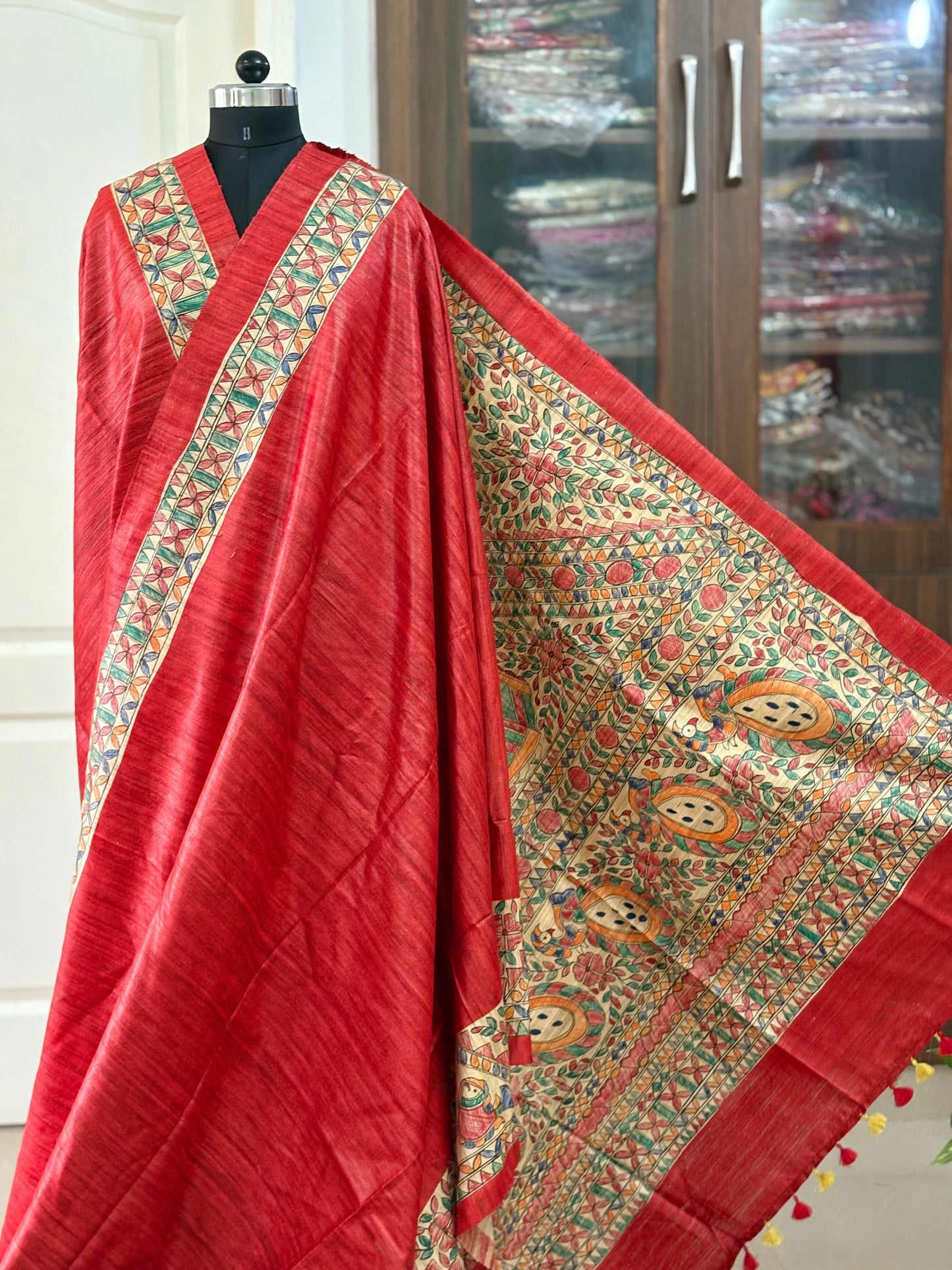 Pure Tussar Ghicha Silk Handcrafted Madhubani Saree (Silk Marked)