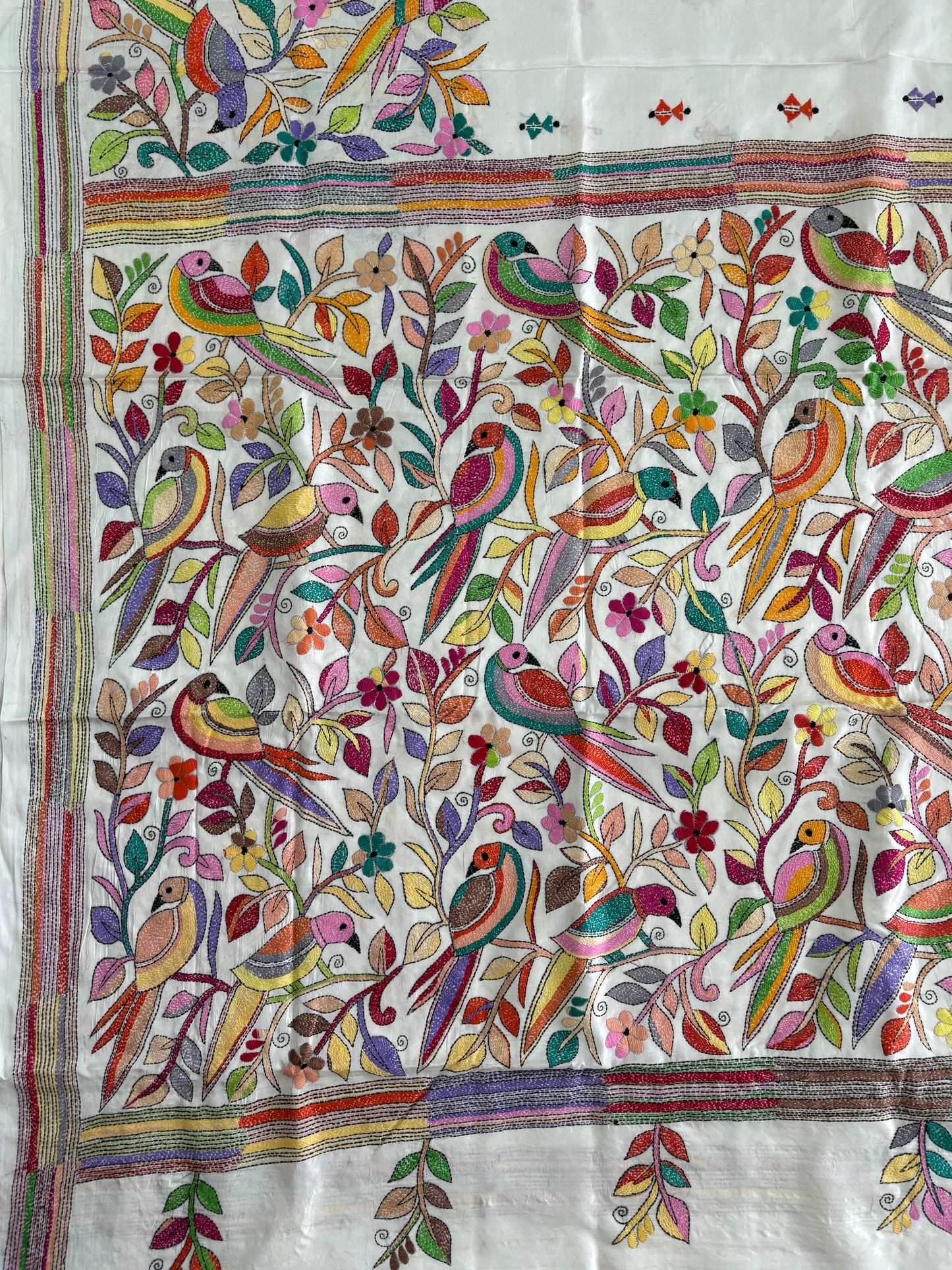 Off white Kantha Stitch Hand Work Art Silk Saree With Blouse