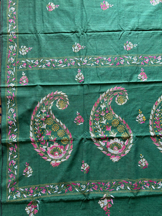 Kantha stitch Khadi Cotton Saree - Green